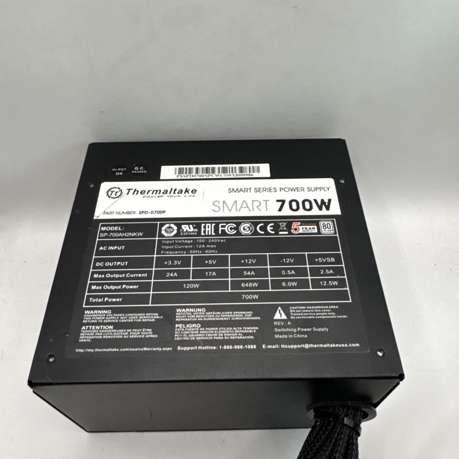 Thermaltake Smart Series 700W Power Supply, Sp-700AH2NKW TESTED.