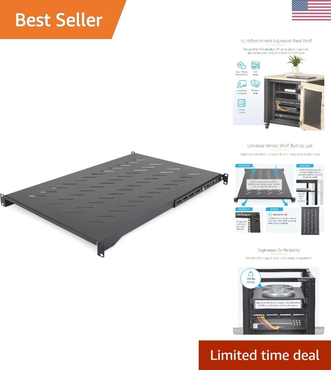 Universal 1U Server Rack Shelf - Vented with 150lb Capacity, Adjustable Depth