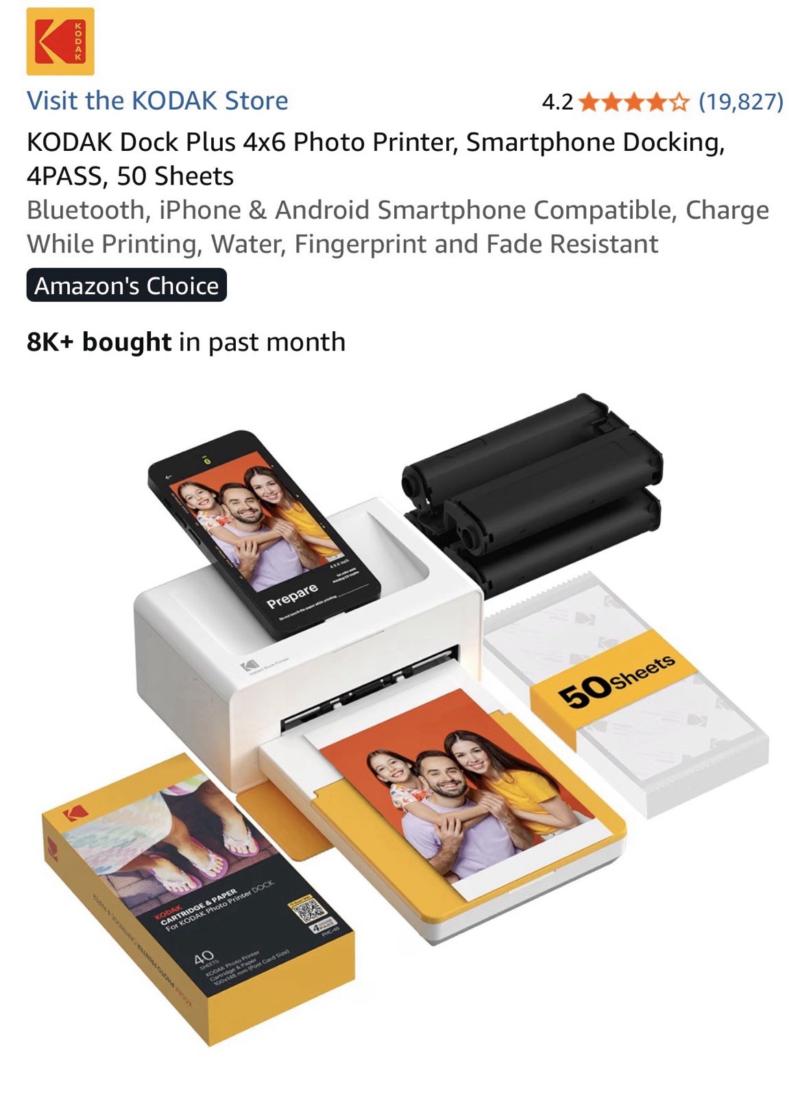 KODAK Dock Plus 4x6 Photo Printer, Smartphone Docking, 4PASS, 50 Sheets