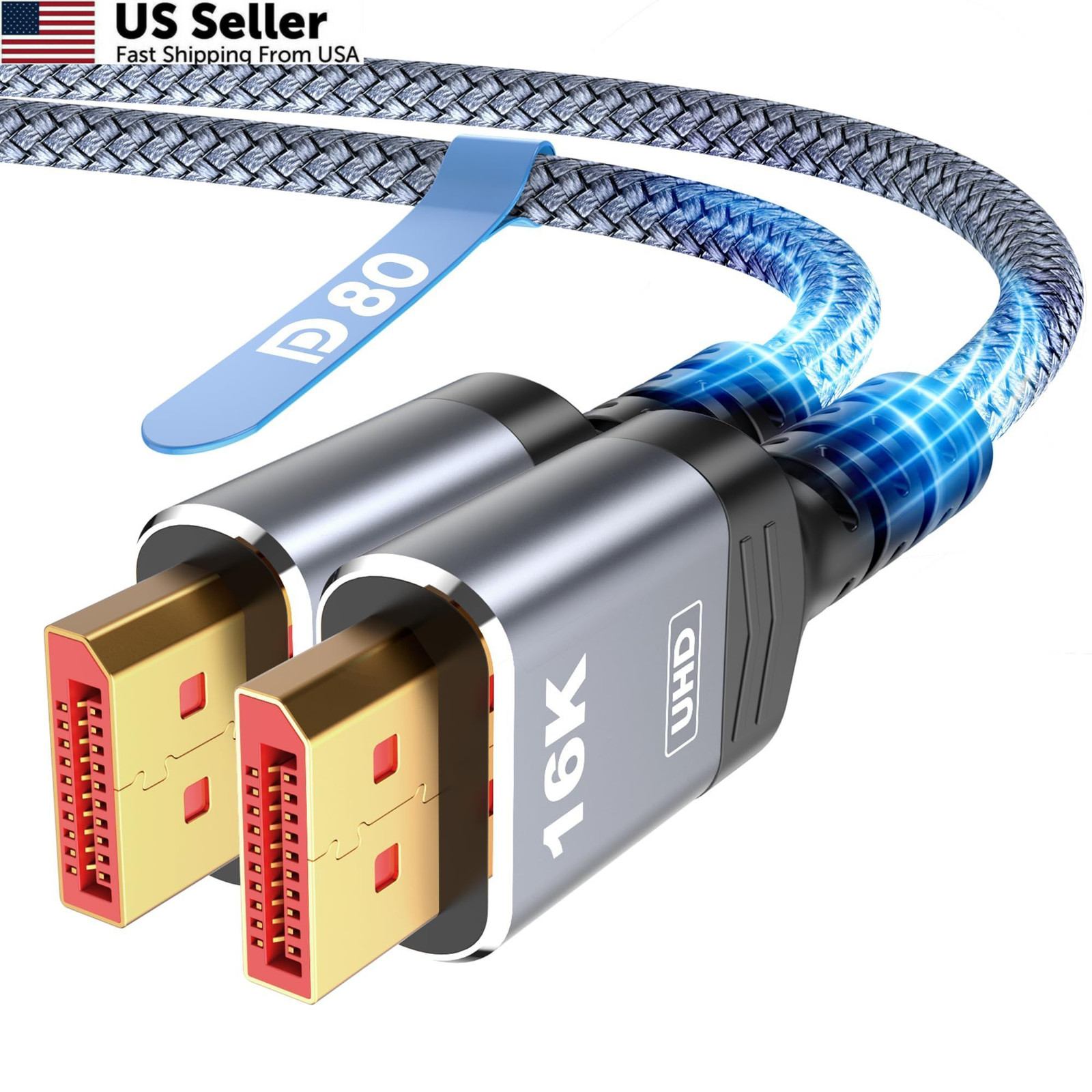 Highwings 80Gbps Displayport Cable 2.1 6.6FT, 16K@60Hz, 6.6 Feet, Grey