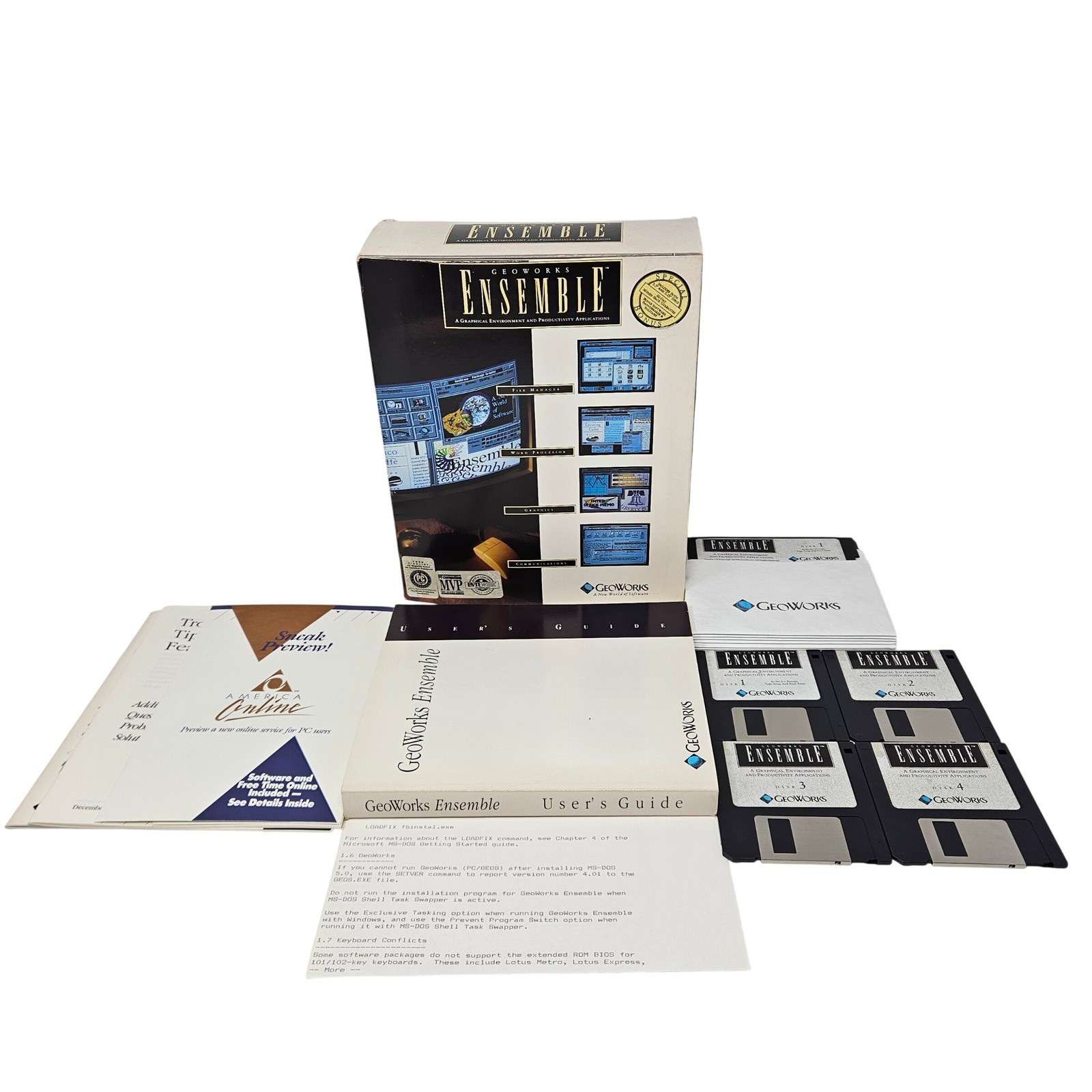 GeoWorks Ensemble PC DOS Software 1990 Big Box Vintage 3.5 Floppy Discs 4-Pack