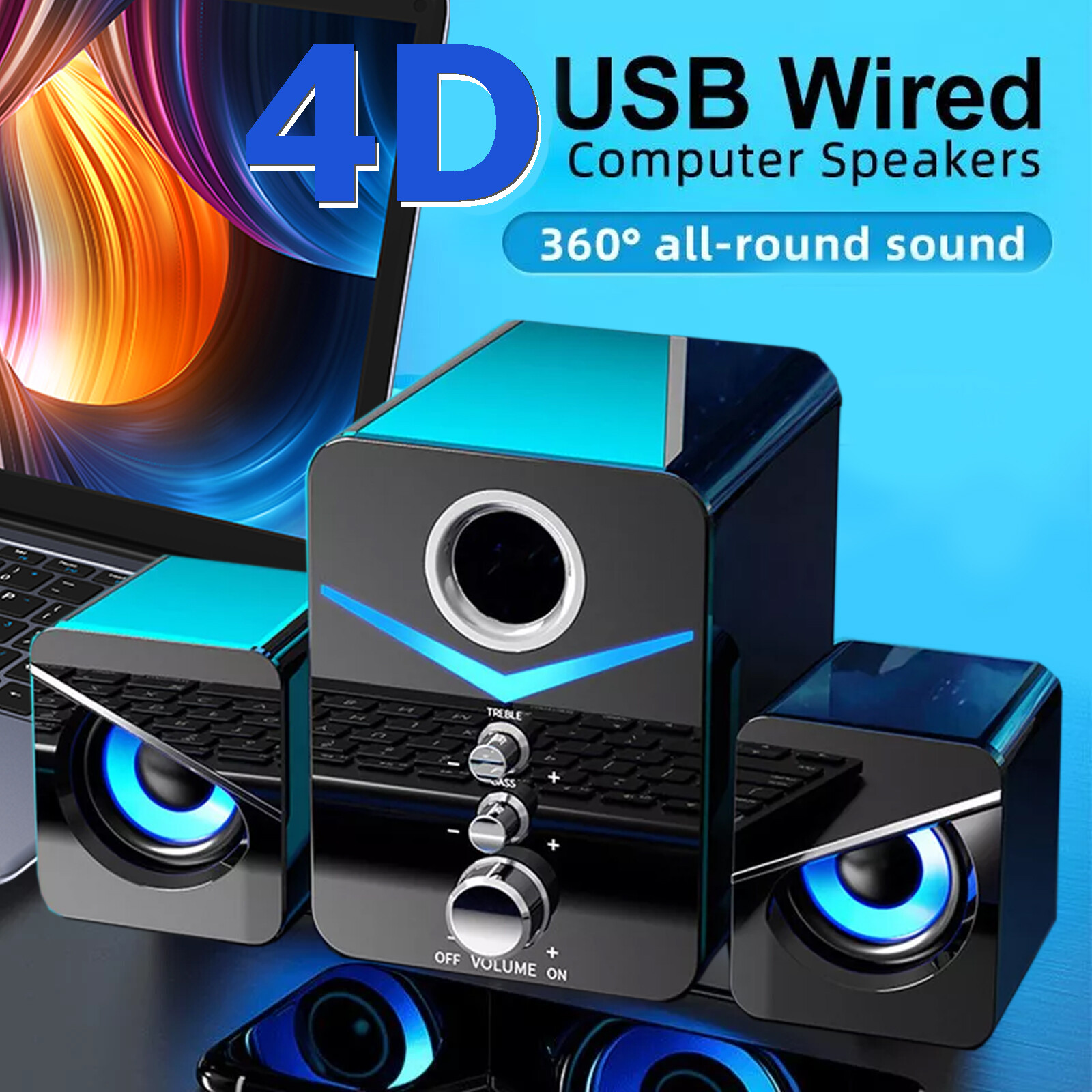 Computer Speakers USB Wired with Subwoofer Deep Bass with Blue Ambient Light