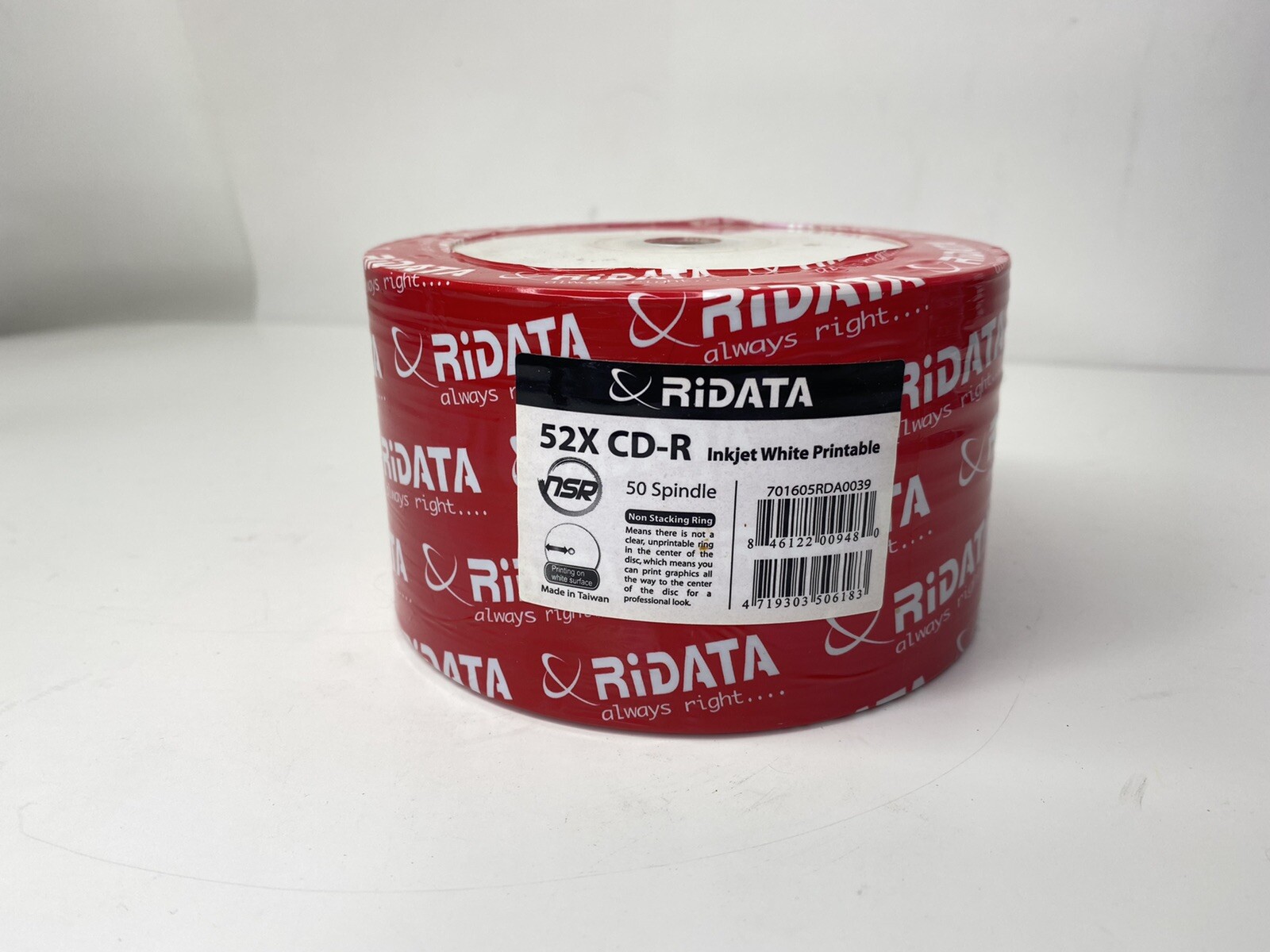 50 Pk Ridata Ritek 52X 80MIN 700MB Blank CD CDR Media White Inkjet Hub Printable