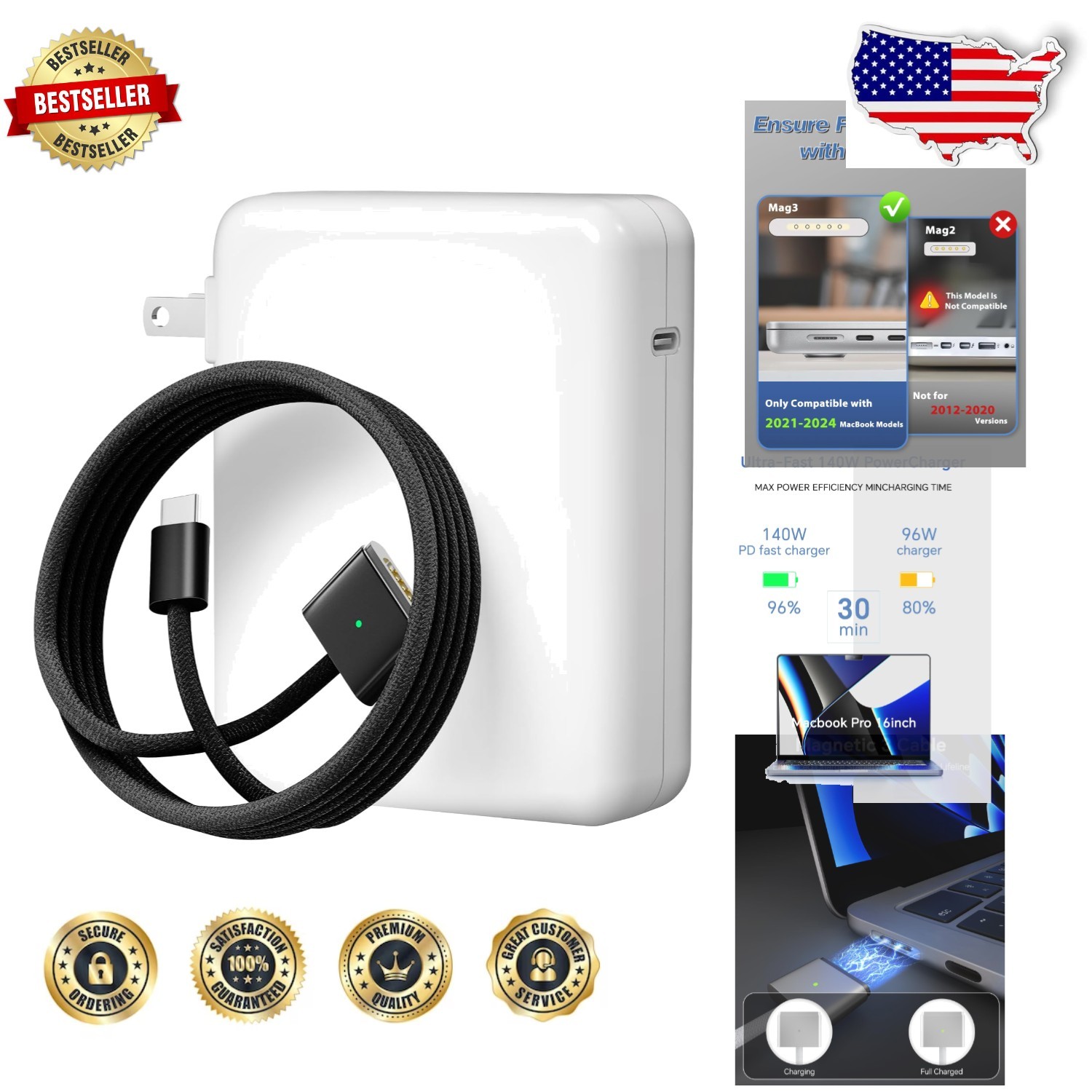 Genuine 140W MacBook Charger, 2M Mag 3 Cable, Enhanced Battery Protection