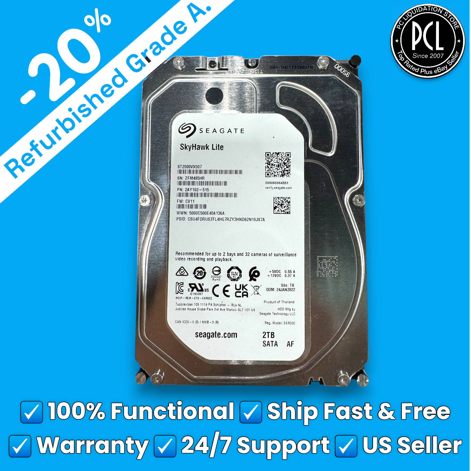 ✅ Seagate Skyhawk 3.5" 2TB HDD Surveillance Hard Drive ST2000VX003 1HH164-501 ✅