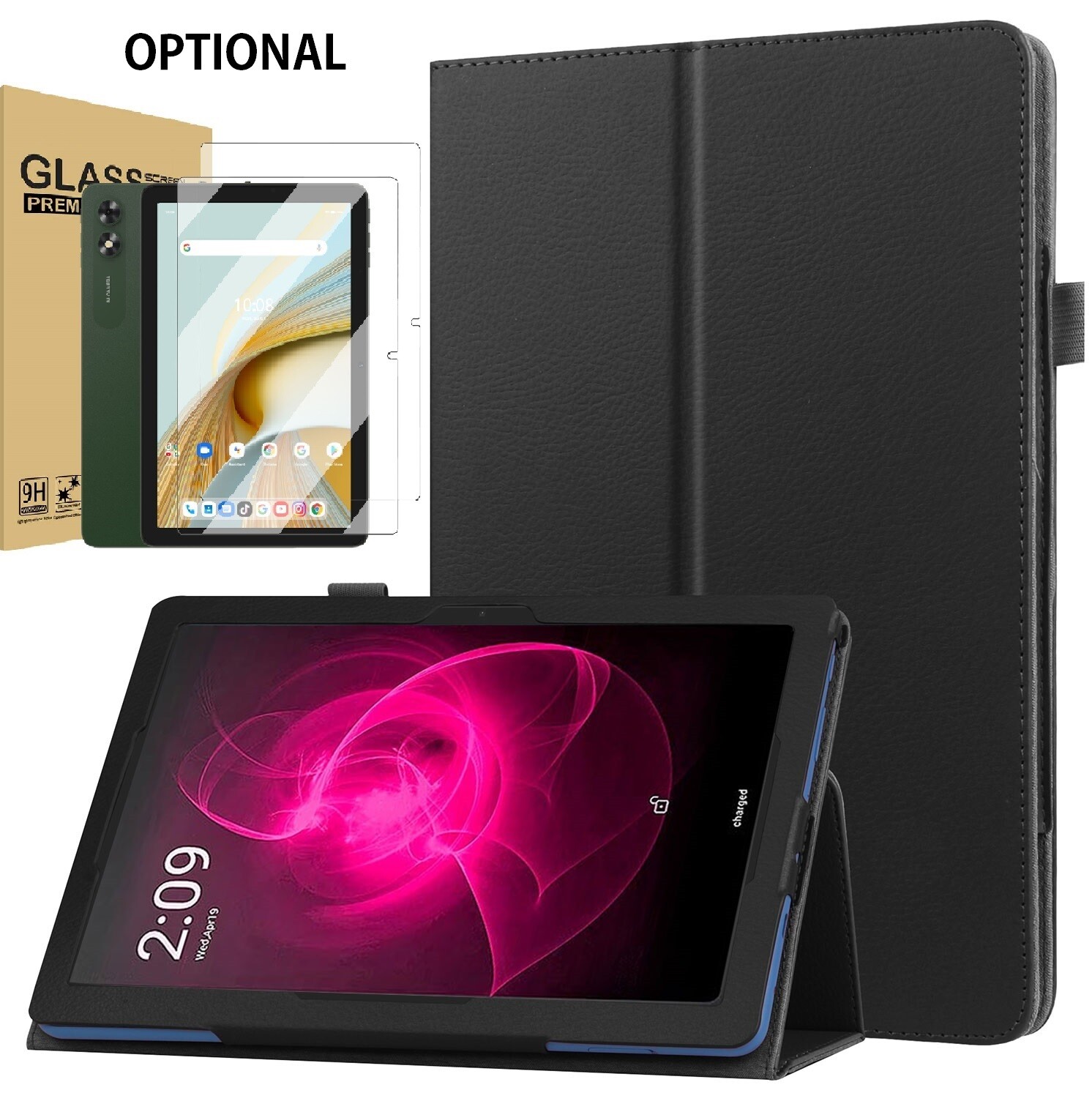 Case for Vortex BTAB10 Tablet 10.1" Folding Stand Cover, Glass Screen Protectors