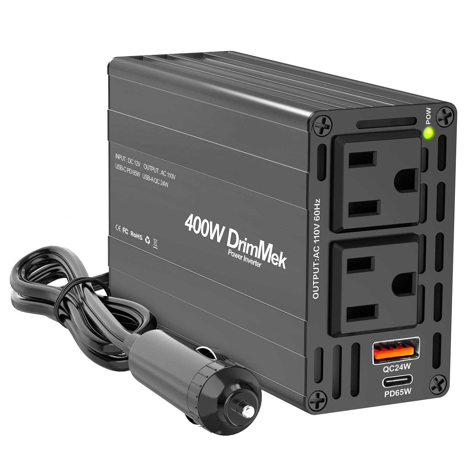 400W Car Power Inverter 12V To 110V 65W USB C Fast Charger 2 AC Output Auto