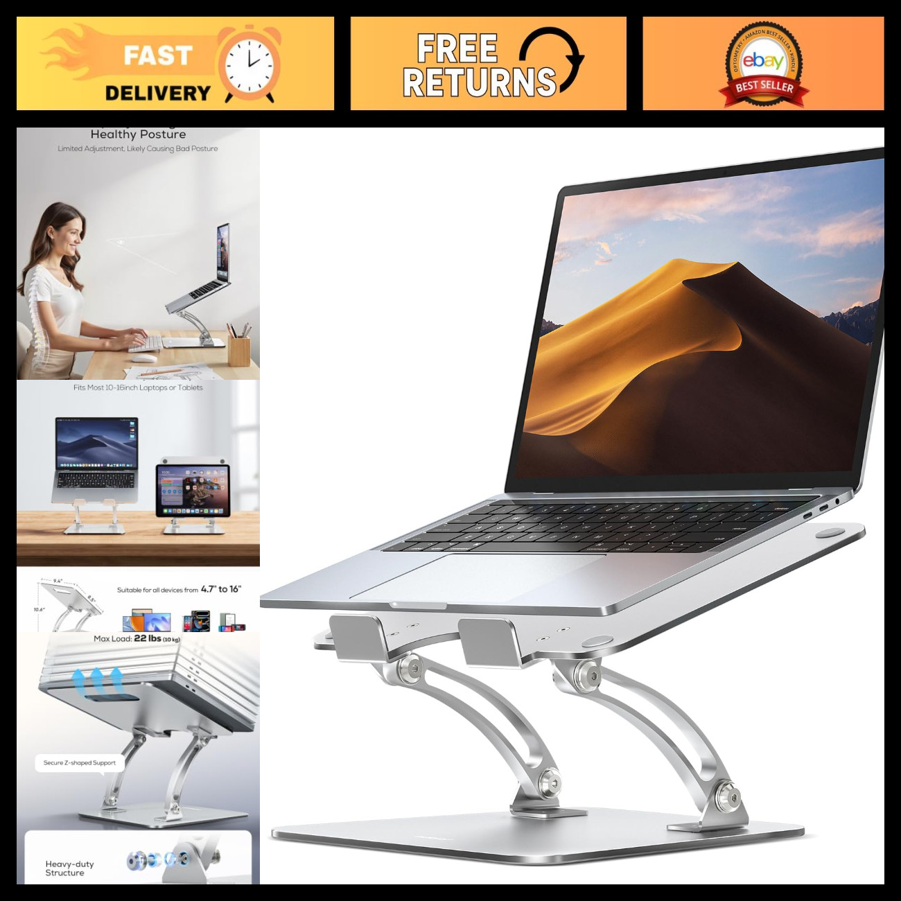 Ergonomic Adjustable Laptop Stand - Foldable Computer Riser with Heat-Vent, Heav