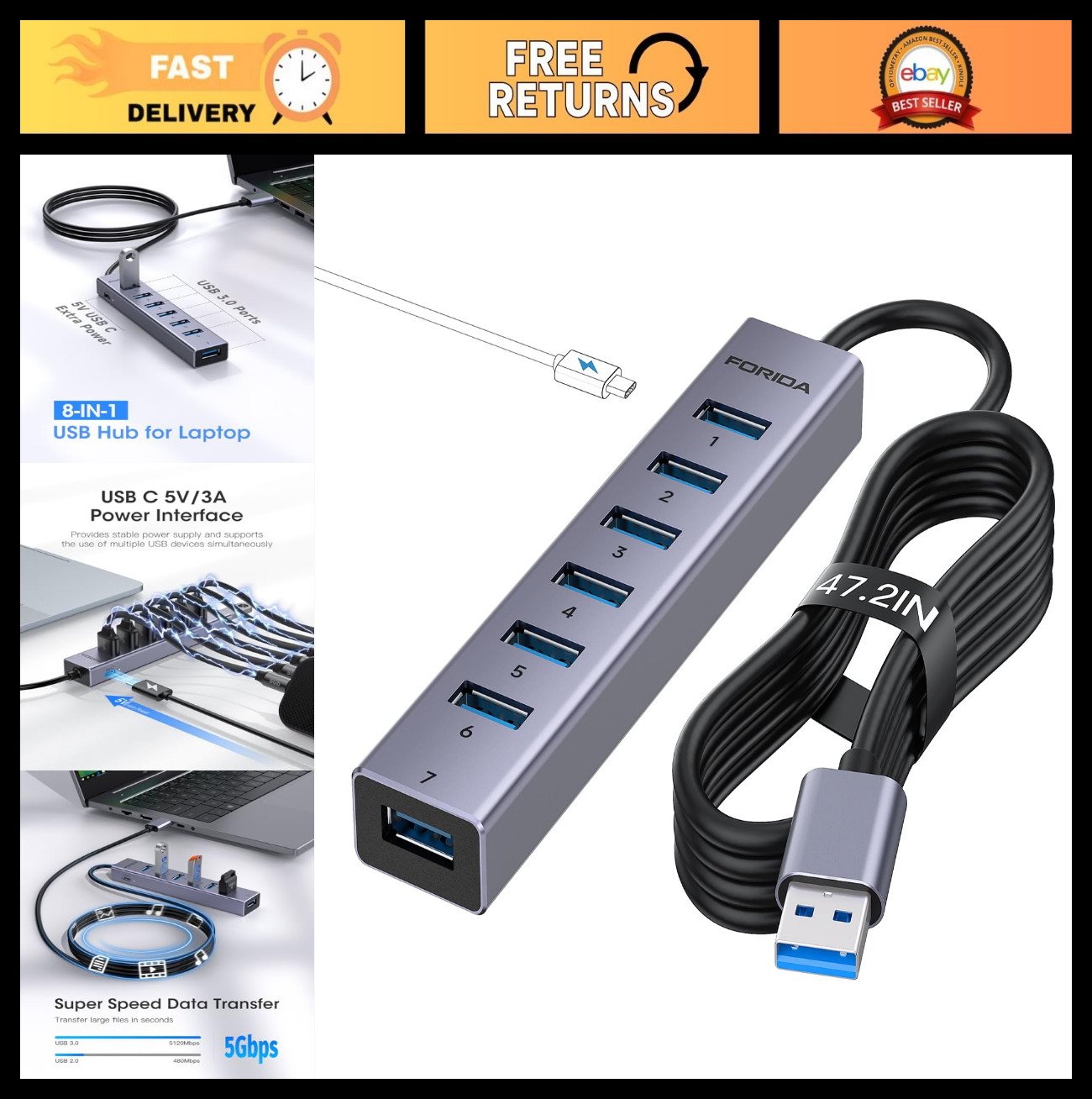 8-Port USB Hub with Long Cable, 7 USB 3.0 Splitter, Aluminum Design, Fast Data T