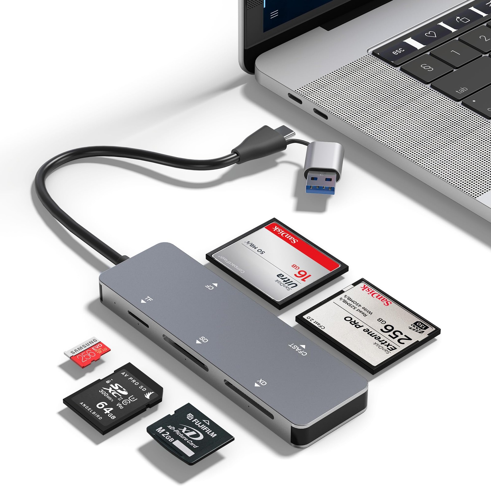 5In1 CFast 2.0 Card Reader USB C/A 5Gbps SD/TF/XD/CF Memory Adapter PC Mac