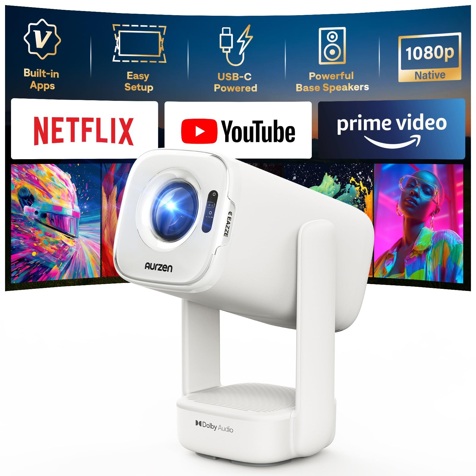 Aurzen D1 air Smart Portable Projector with WiFi and Bluetooth, USB-C White