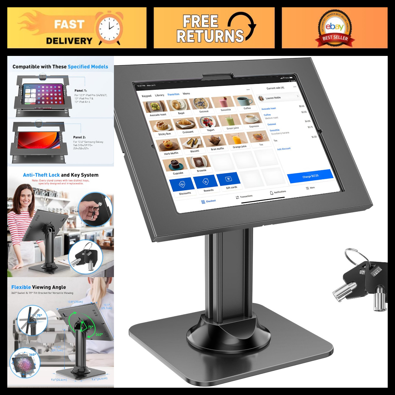 Anti-Theft iPad Kiosk Stand - 360° Swivel & 75° Tilt Tablet Security Mount for P