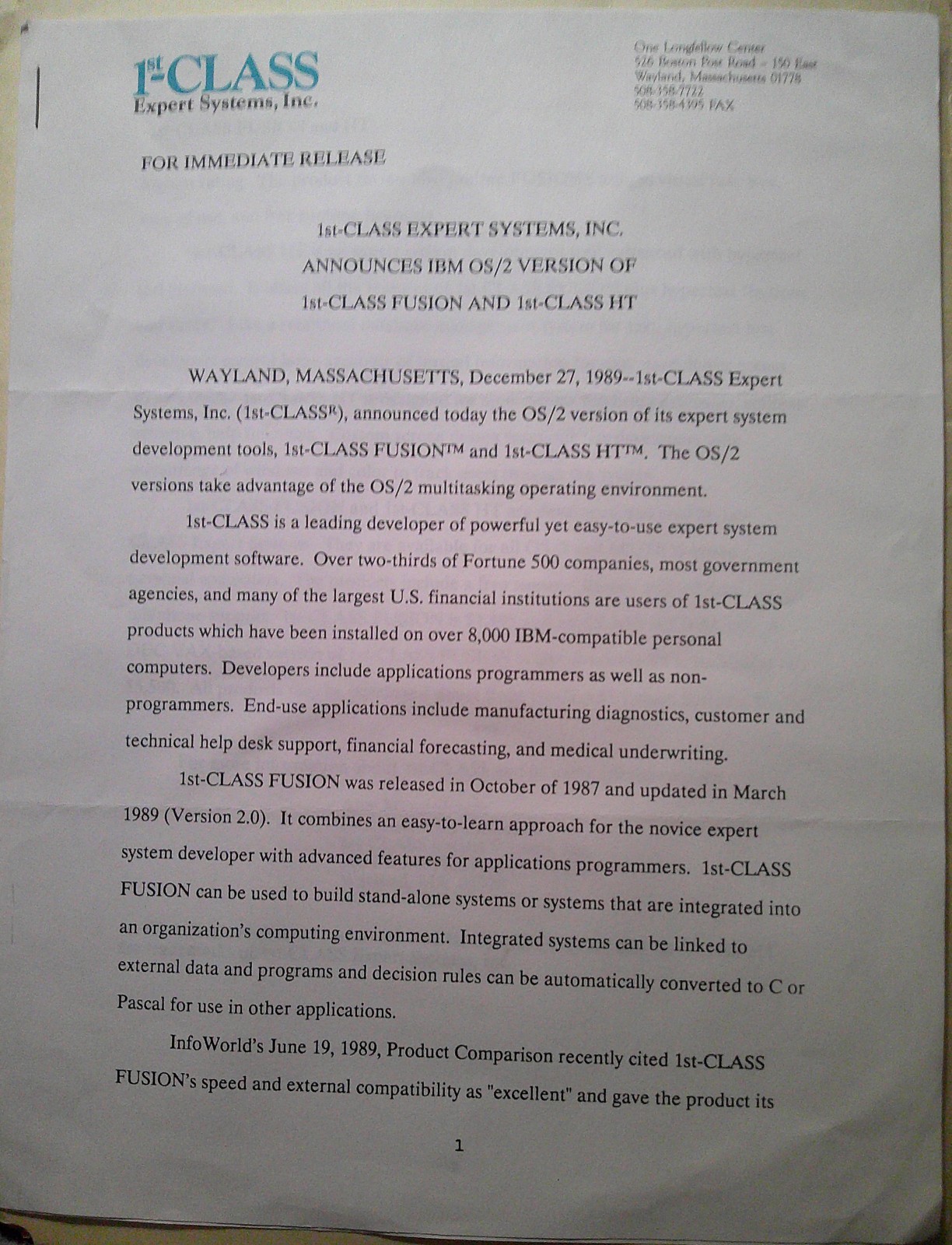 [Artificial Intelligence] 1989 1st-CLASS FUSION OS/2 announcement Press Release