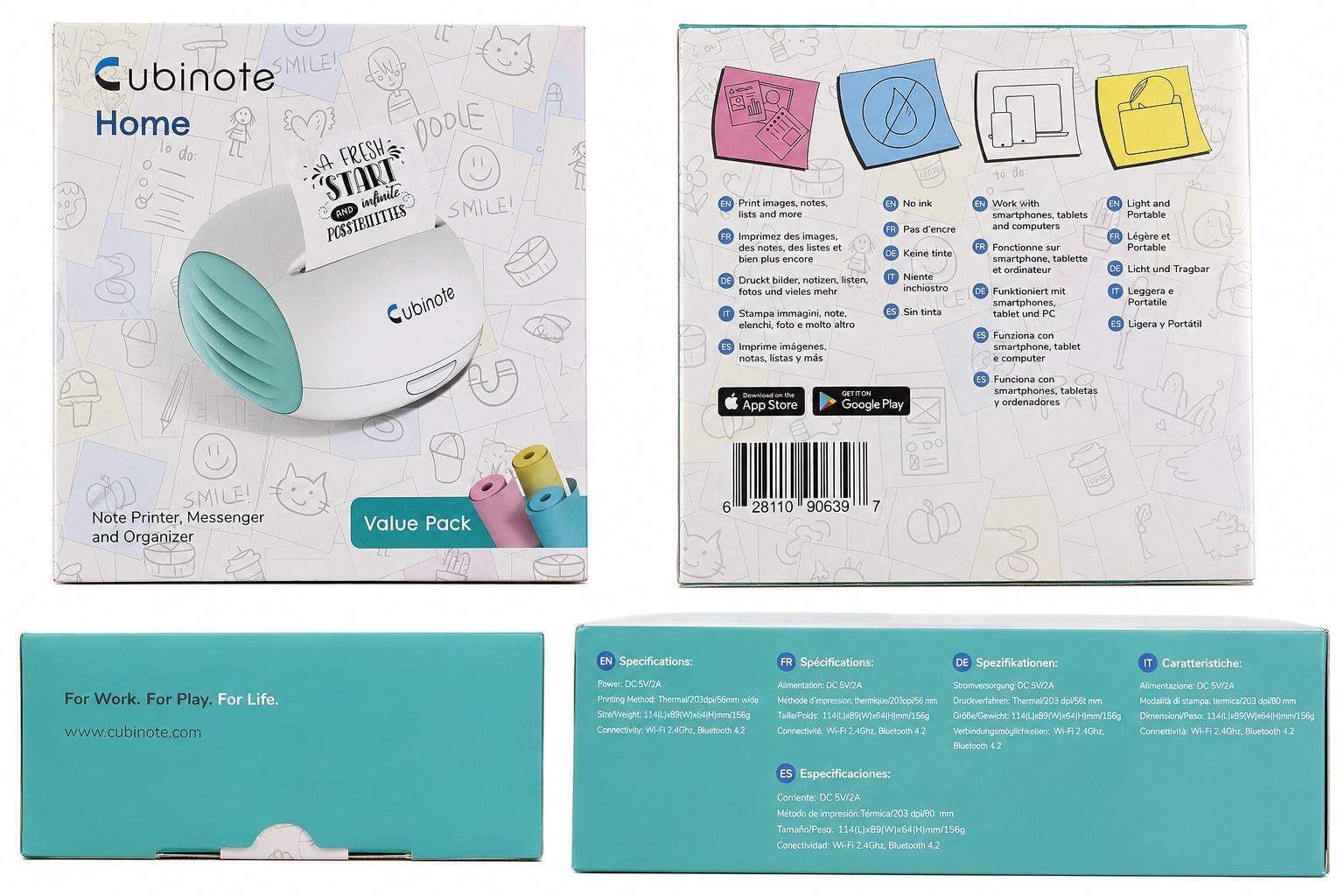 Cubinote Home Thermal Note Printer Value Pack WiFi Bluetooth 3 Color Rolls New