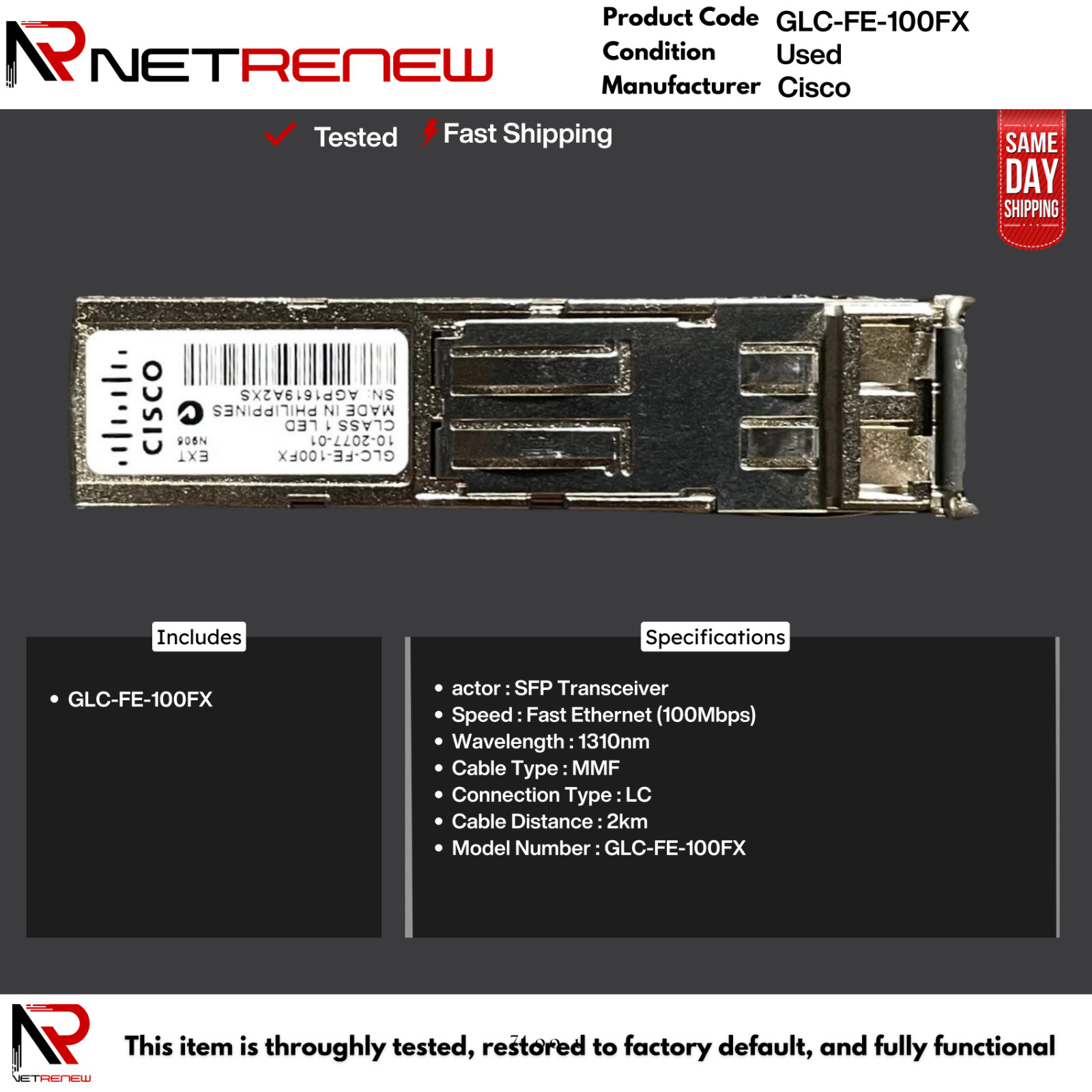 Genuine  Cisco GLC-FE-100FX  100BASE-FX Transceiver Module