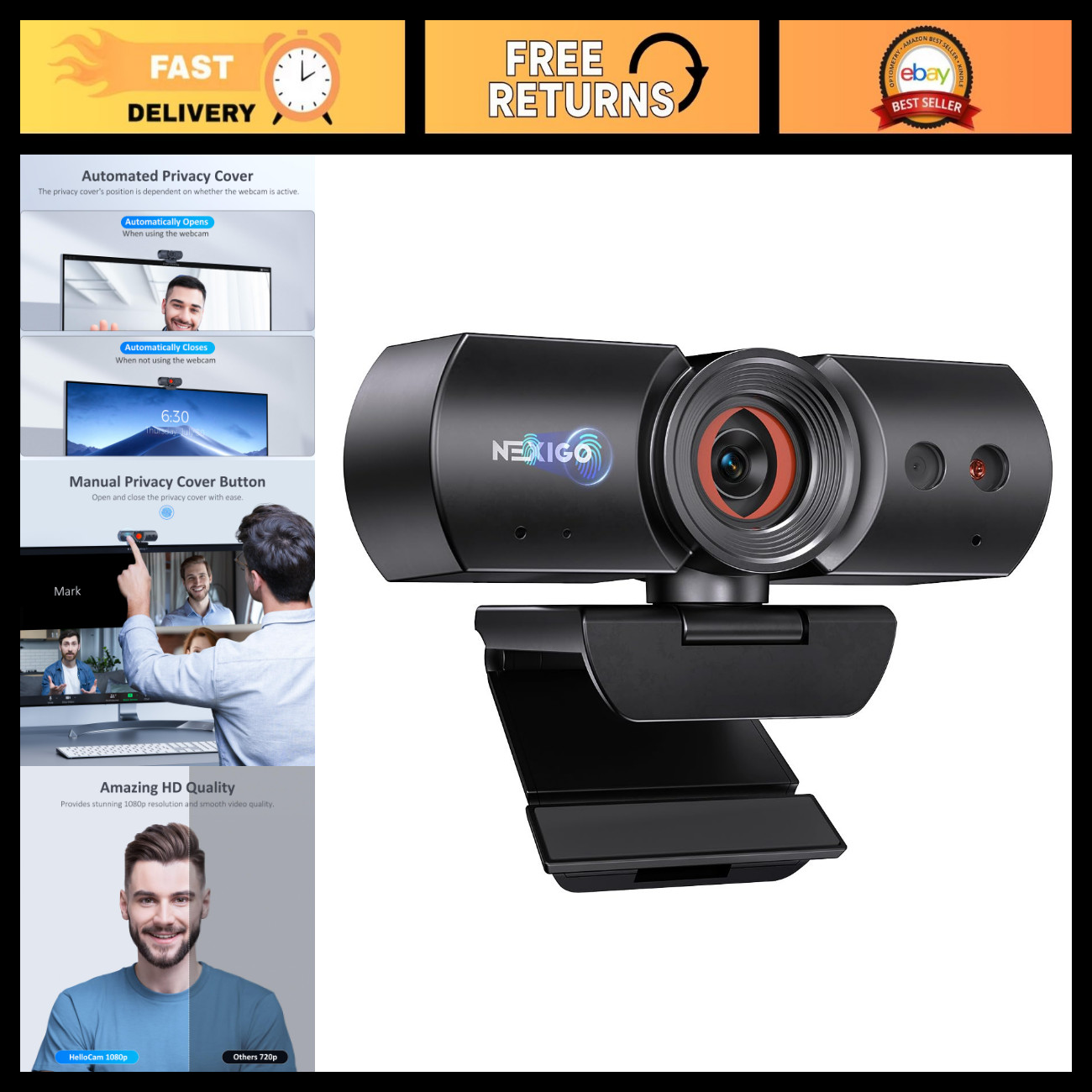 1080P Webcam with Windows Hello, True Privacy, Auto Shutter, HD USB Camera & Mic