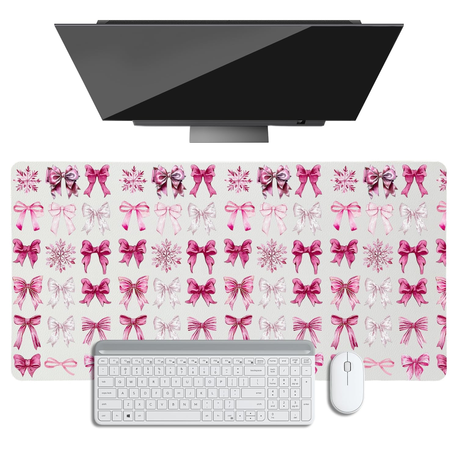 Desk Mat for Desktop, Pink Bow Snowflake Large Mouse Pad, PU Leather Waterpro...