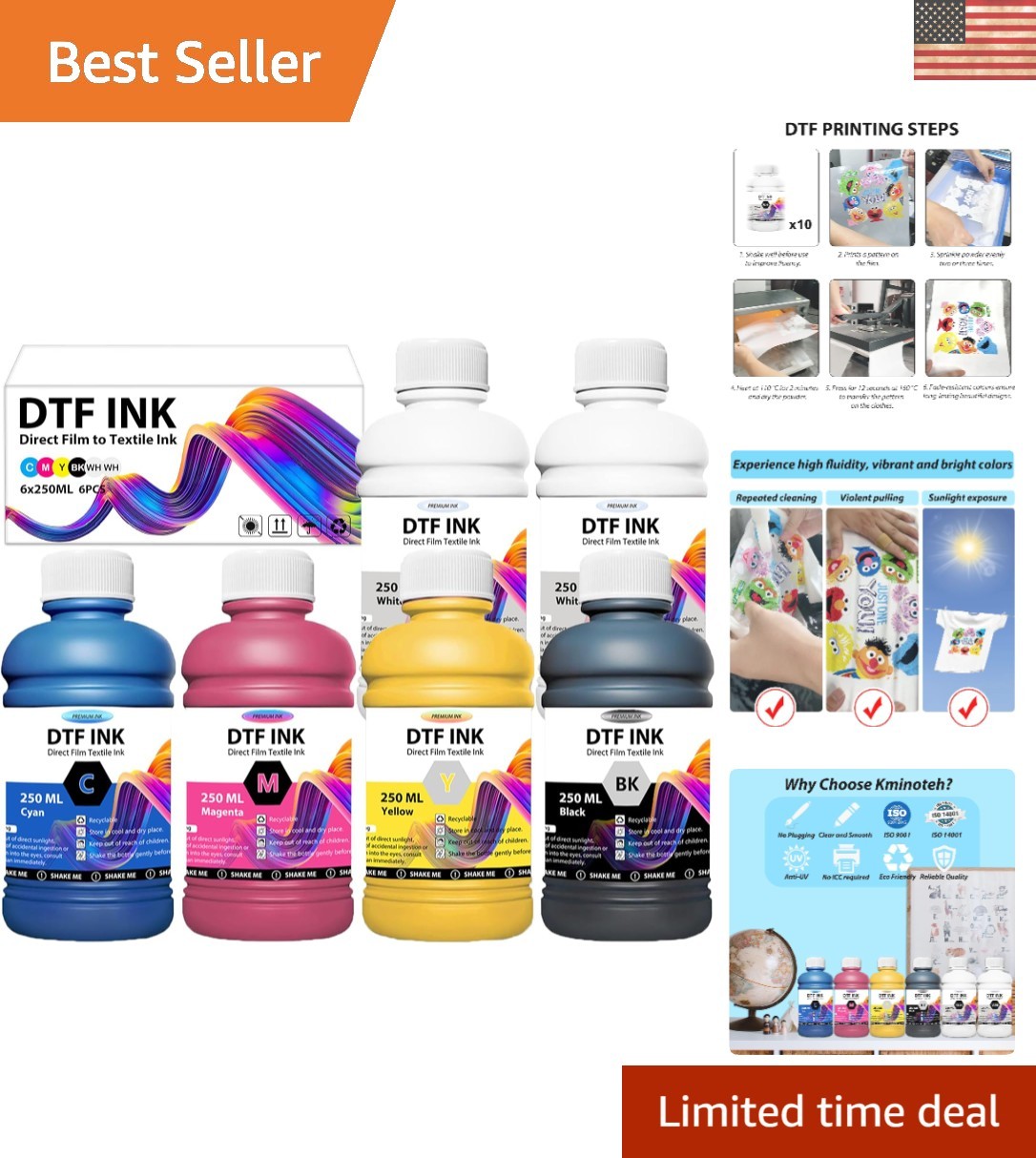Vibrant 1500ML DTF Ink - 6 Bottle Fade-Resistant Set for Professional Printing
