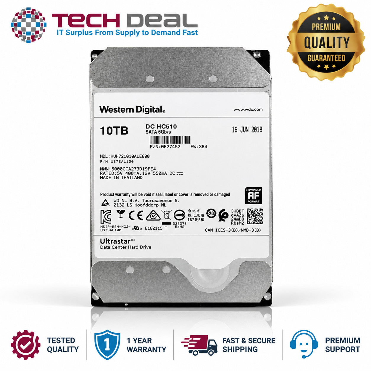 WD Ultrastar DC HC510 10TB SATA 6Gb/s 7200RPM 3.5" HDD HUH721010ALE600 0F27452