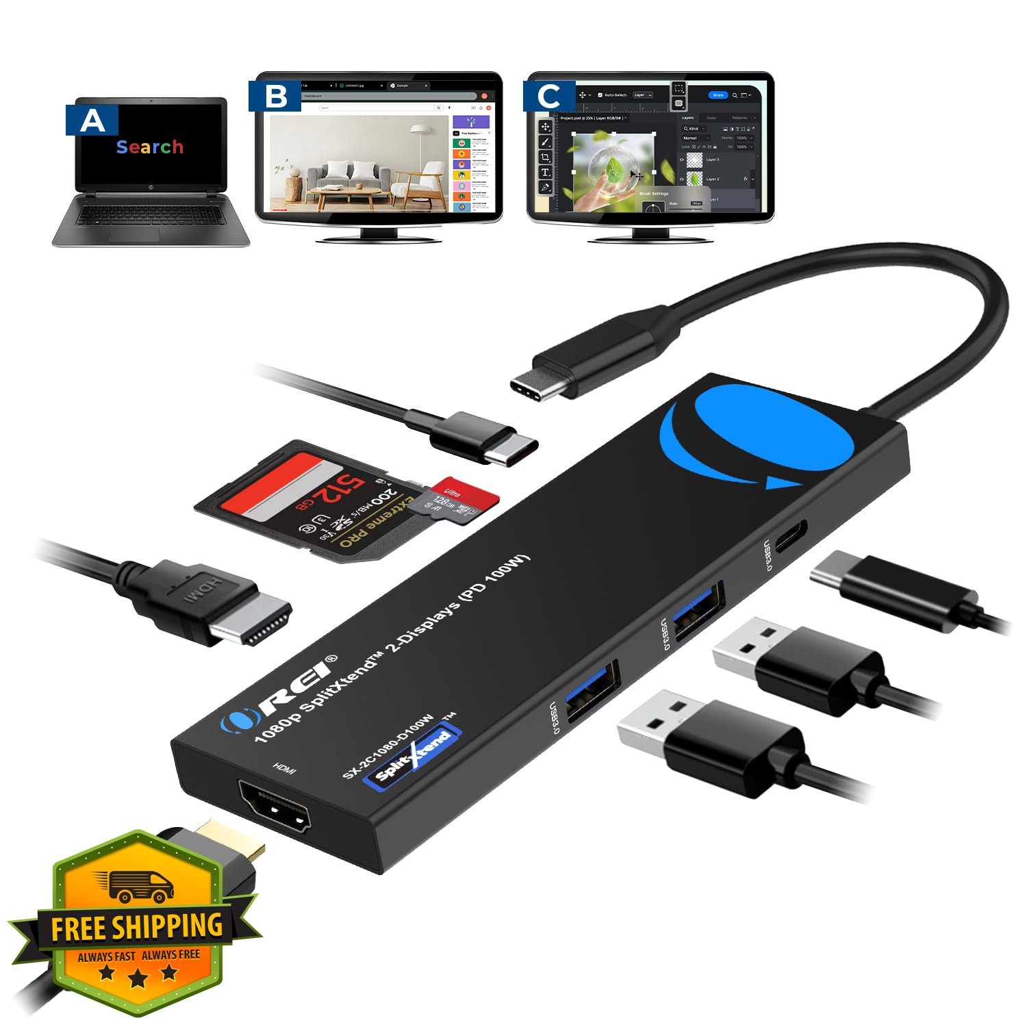 OREI USB-C Docking Station 4K Dual Monitor