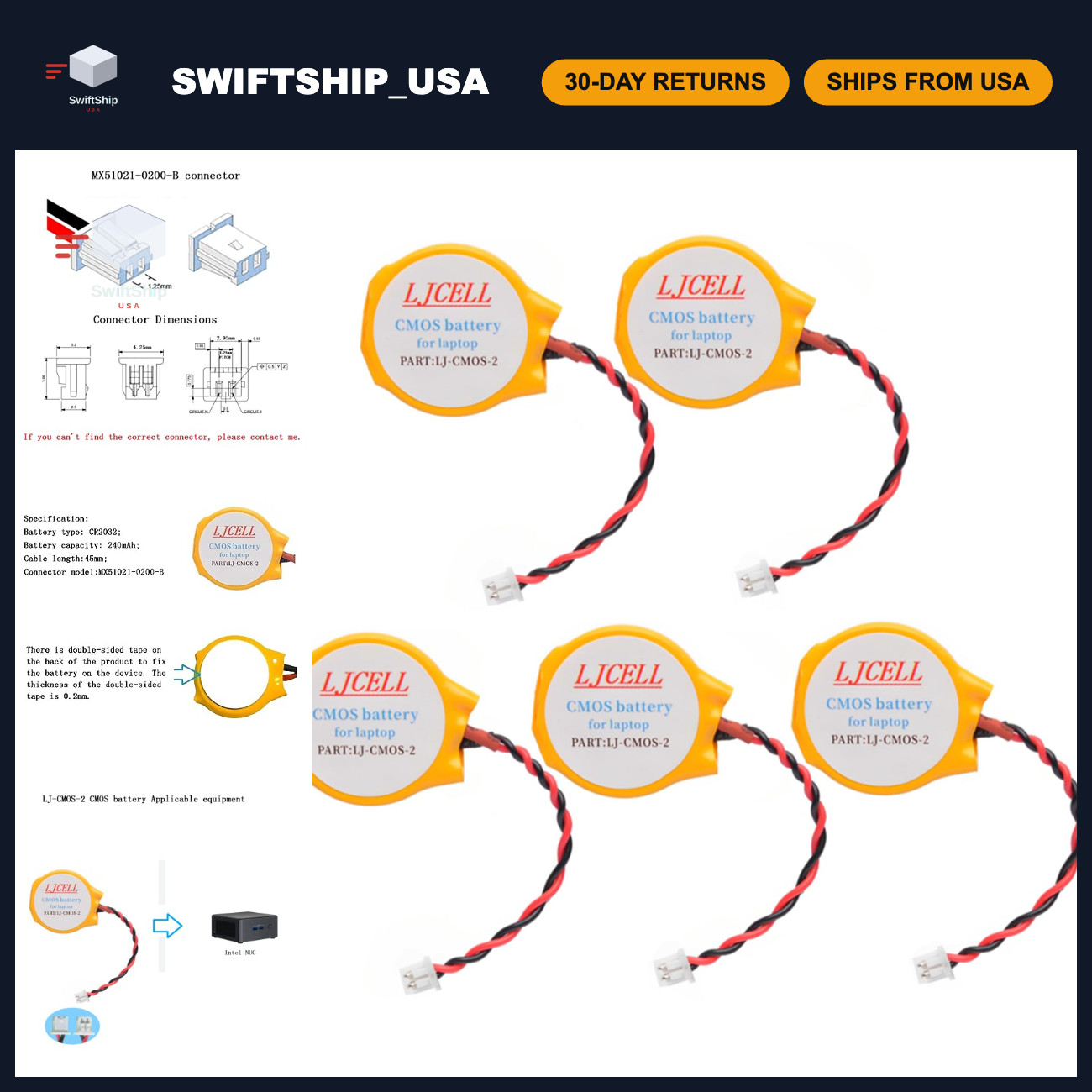 5PCS CR2032 CMOS Battery for Intel NUC, PS2, PS3 - BIOS RTC Backup with Connecto