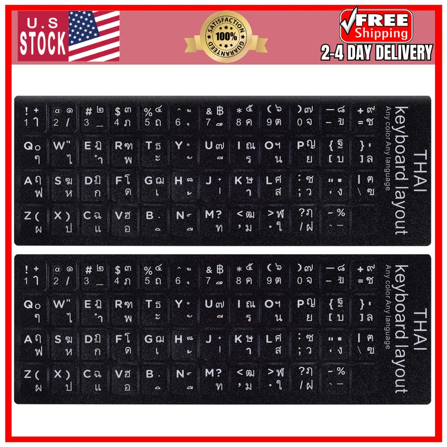 2pcs Thai English Keyboard Stickers Replacement White Letters on Black Matte