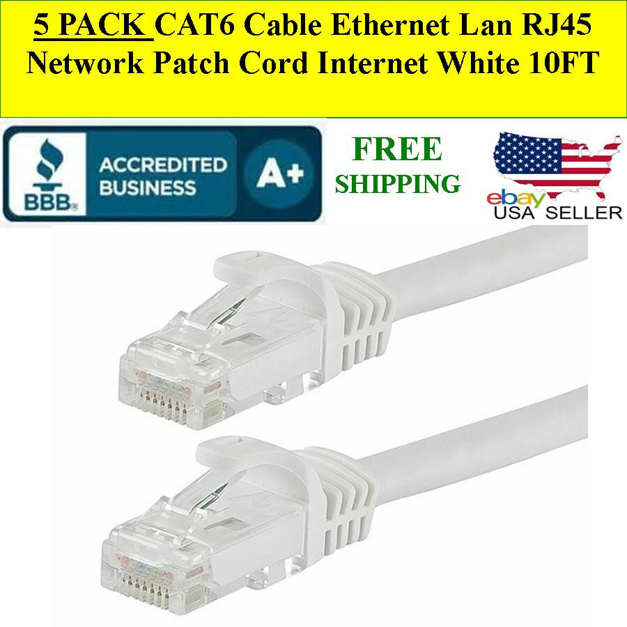5 PACK CAT6 Cable Ethernet Lan RJ45 Network Patch Cord Internet WHITE 10FT