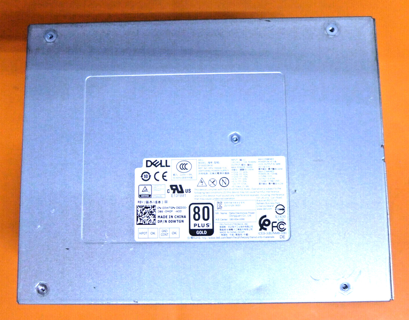 Genuine Alienware Aurora R10 R11 R12 1000W Power Supply D1000EGM-00 Dell 0WTGN