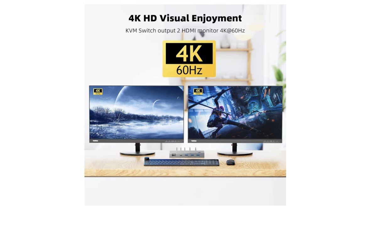 KCEVE DP HDMI USB 3.0 KVM Switch 2 Computer 2 Monitors, Dual Monitor - Black 4k