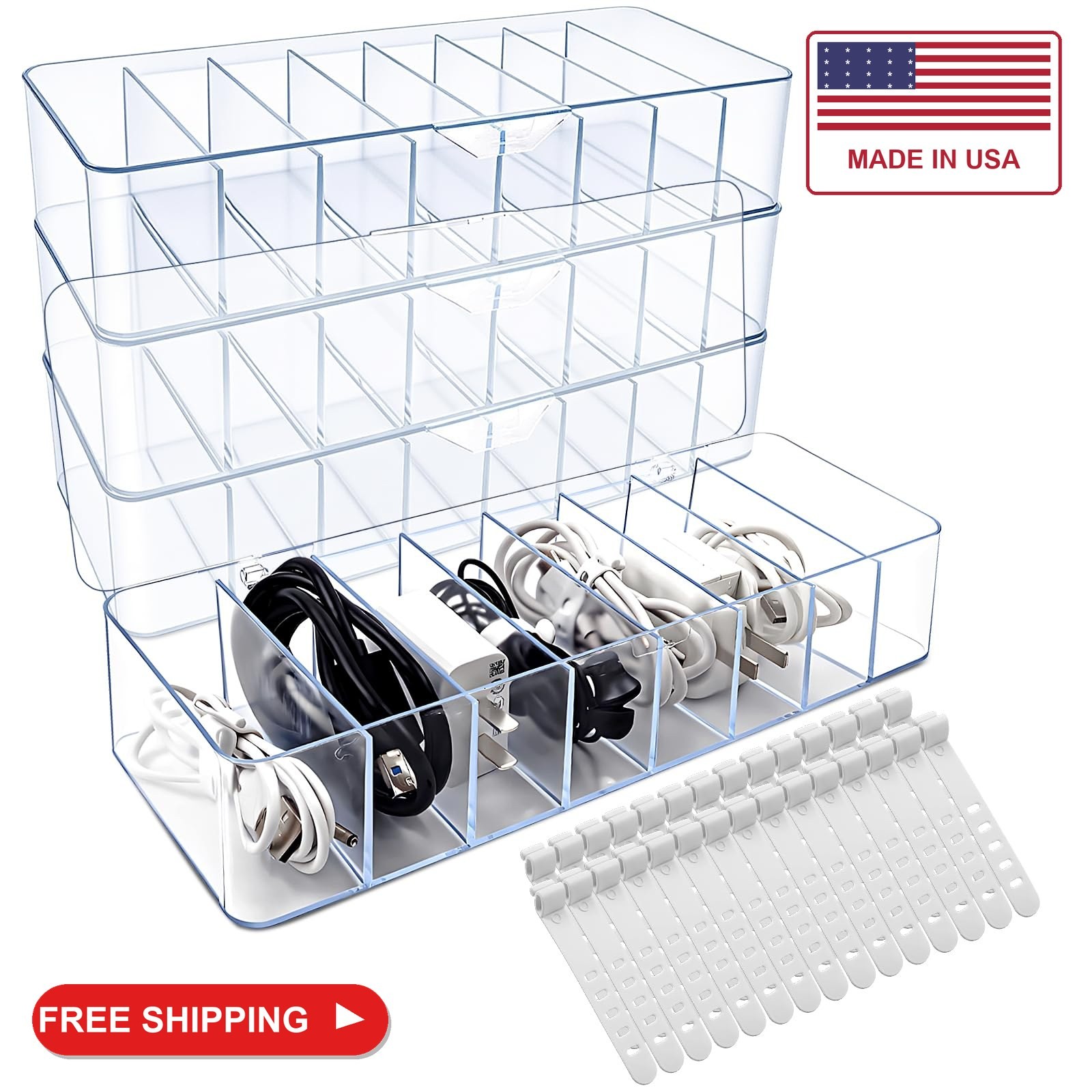 Cheardia 4 Pcs Cable Storage Organizer, Cord Organizer Box with 30 Wire Tie