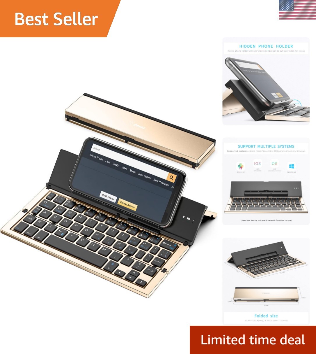 Compact Folding Bluetooth Keyboard for iPads & Smartphones – Stylish Gold Finish