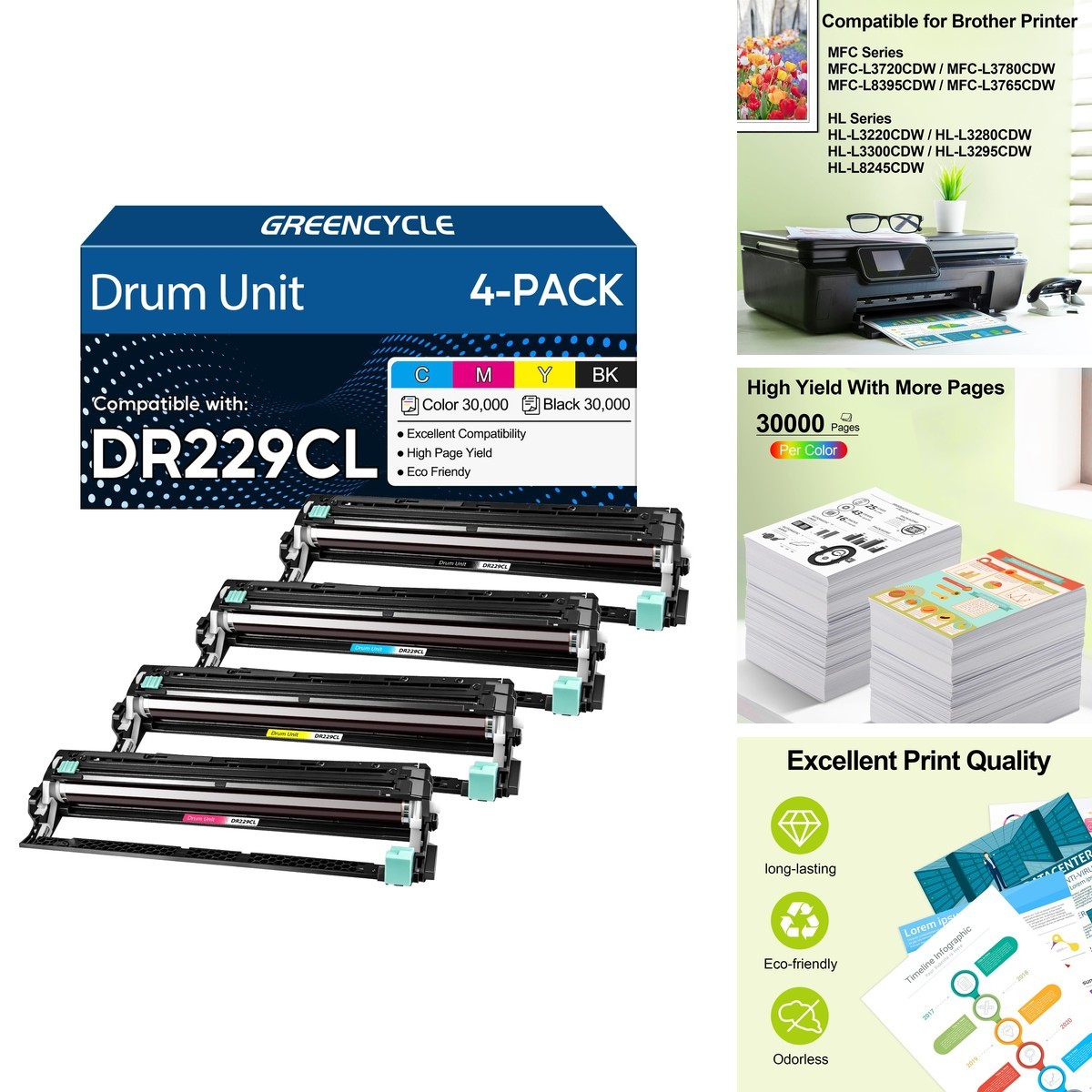 DR229CL Drum Unit 4-Pack Replacement for Brother DR-229CL (Not Toner)