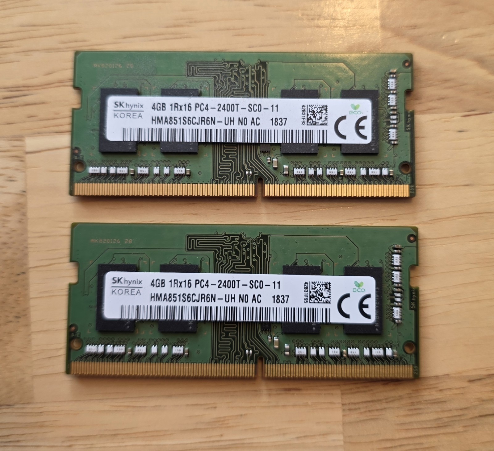 8GB Total  Laptop RAM  2 4GB Each SK Hynix 1Rx16 PC4-2400T  HMA851S6CJR6N