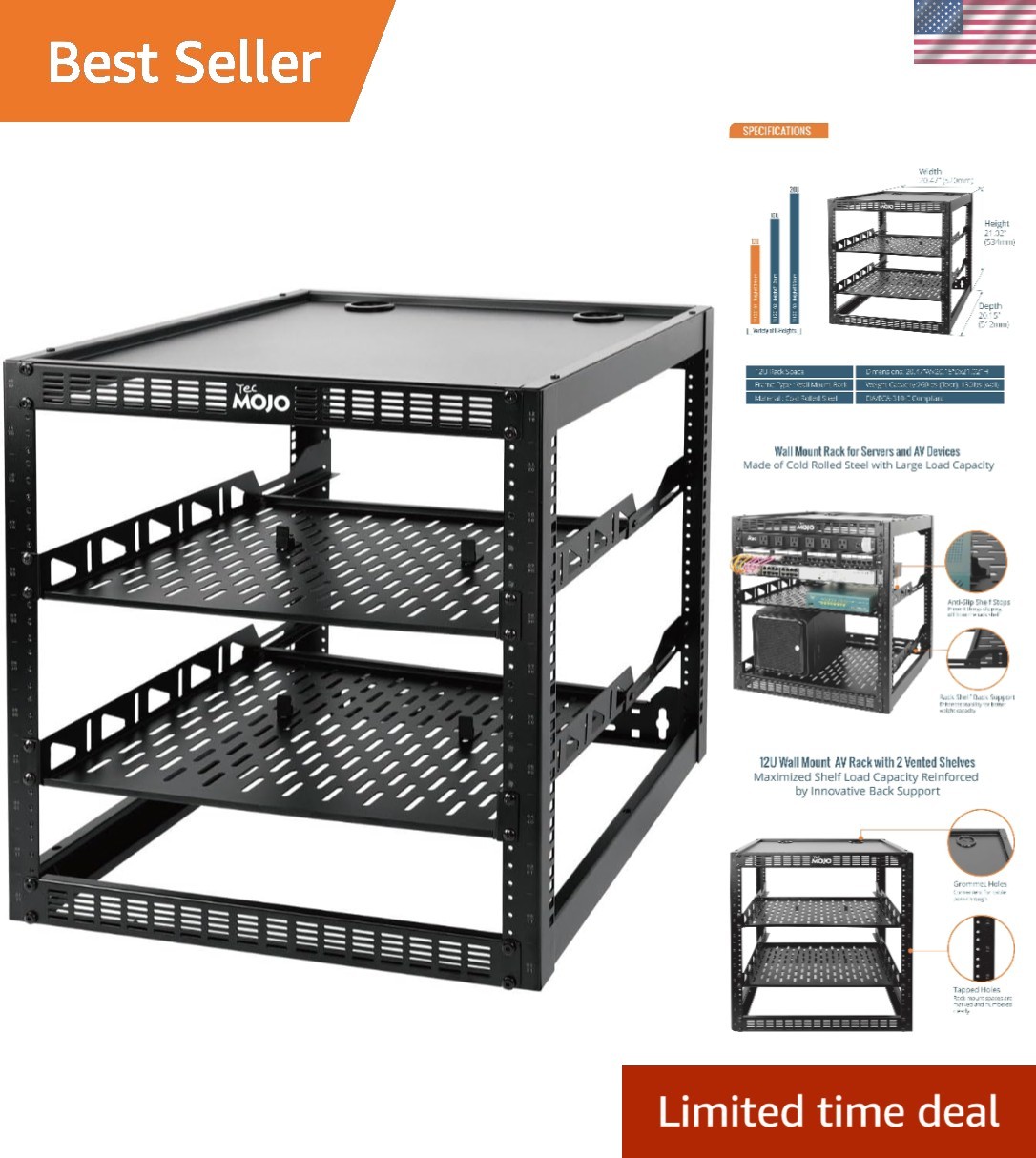 Versatile 12U AV Rack with Ventilated Shelves - Perfect for Any Environment