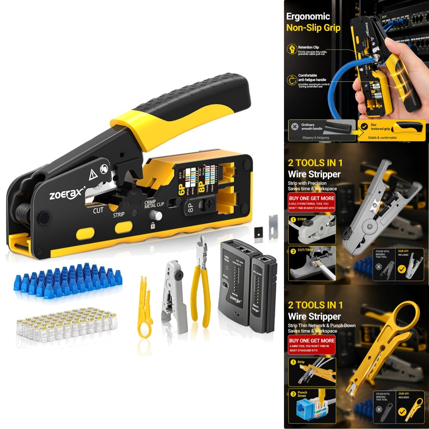All-in-One Ethernet Crimper Kit, Pass-Through RJ45 Tool, Tester & 50 Cat6 Plugs