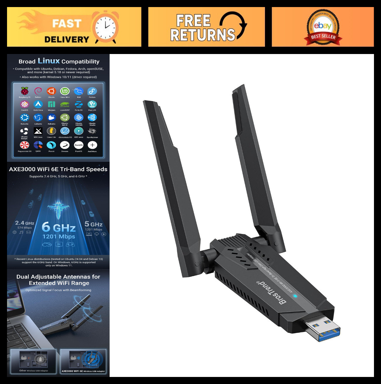 Linux WiFi Adapter AXE3000 - Plug & Play, Compatible with Kernel 5.18+, AX9L