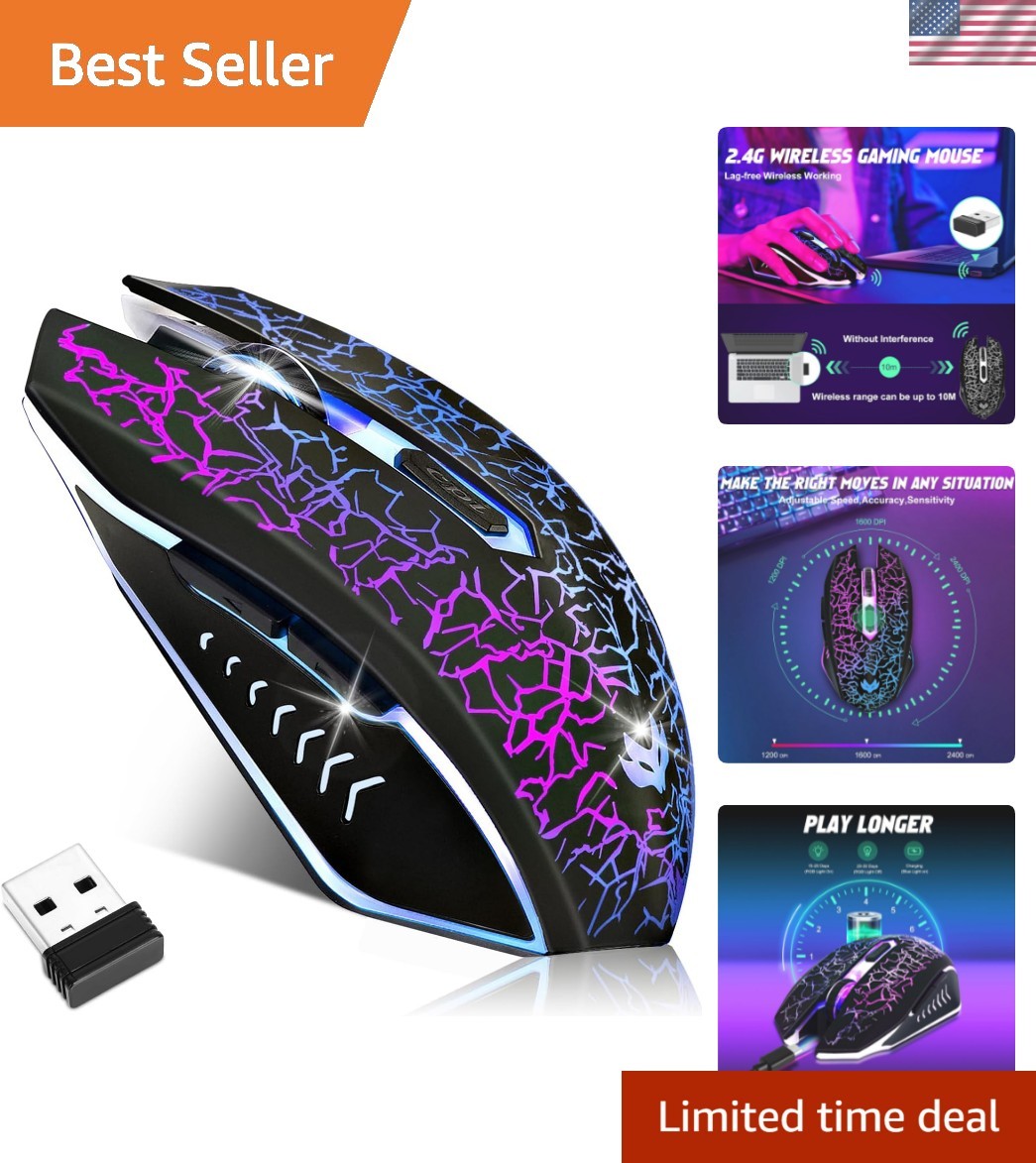 Rechargeable Wireless Gaming Mouse with 6 Silent Clicks & Adjustable RGB - Black
