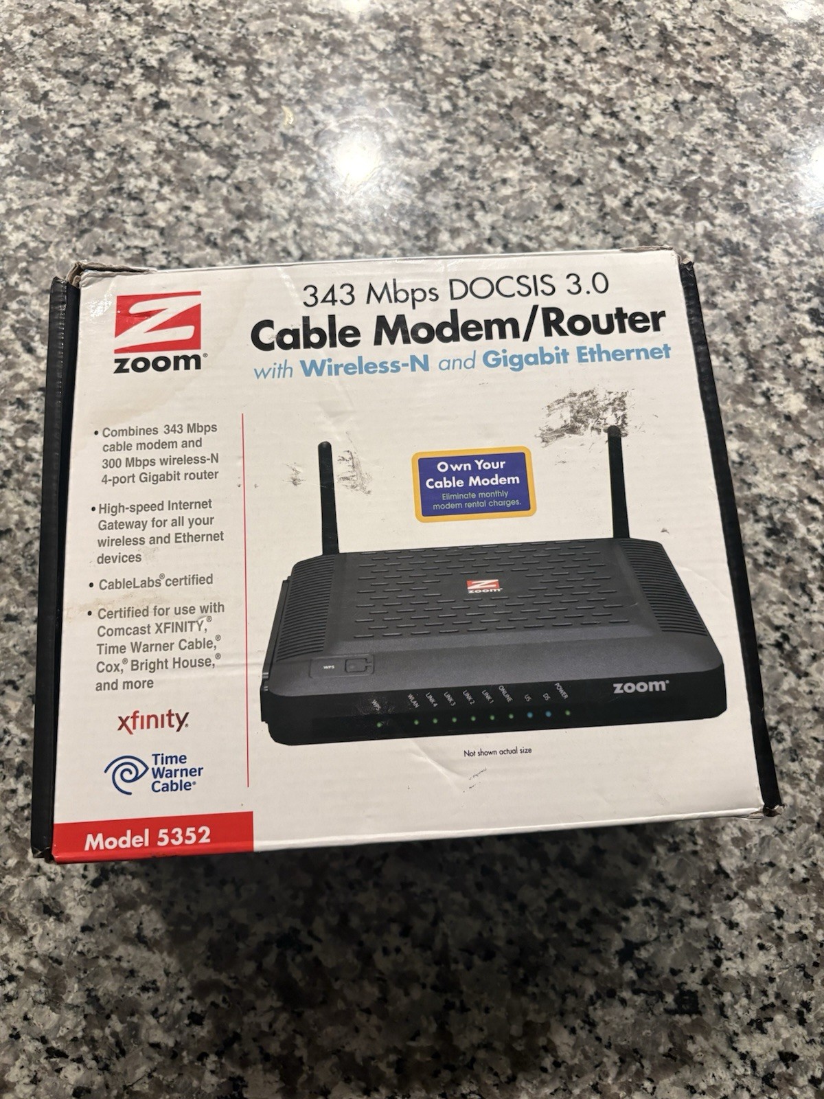 Zoom 5352 DOCSIS 3.0 Cable Modem & Wireless-N Router 343 Mbps 4-Port Gigabit NIB