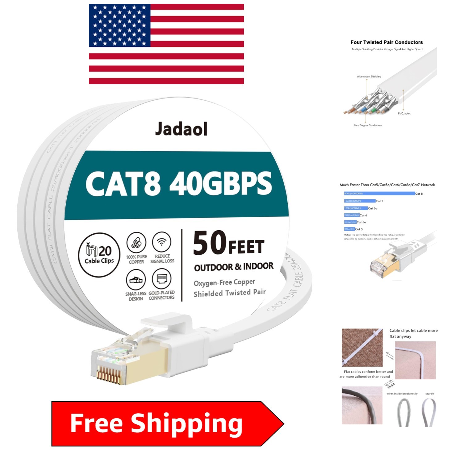Versatile 50ft Cat 8 Ethernet Cable - 40Gbps, Perfect for Gaming & Streaming