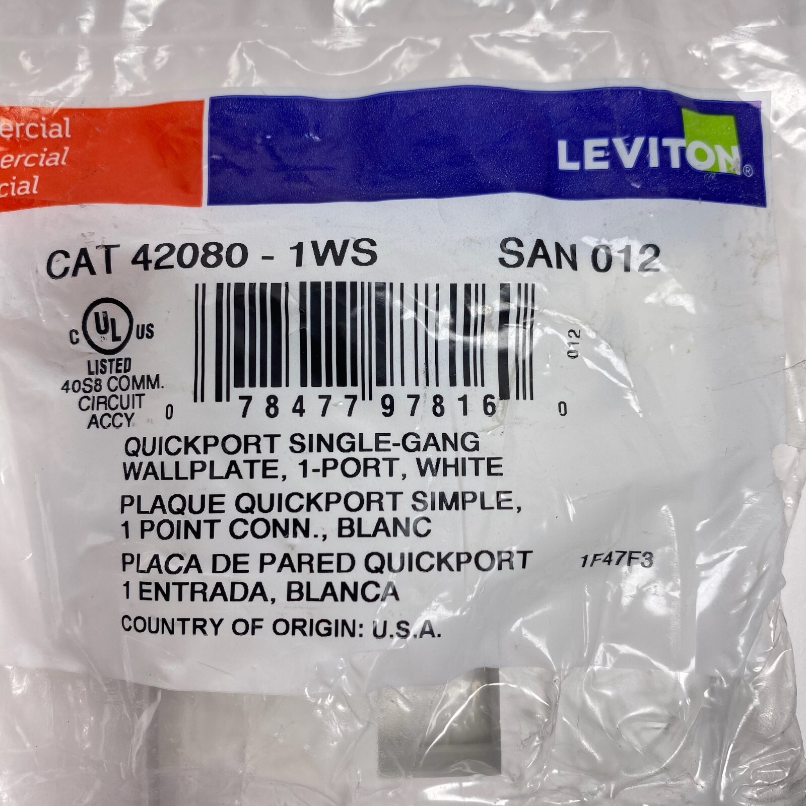 Lot of 5 Leviton 42080-1WS QuickPort Wallplate Single Gang 1-Port