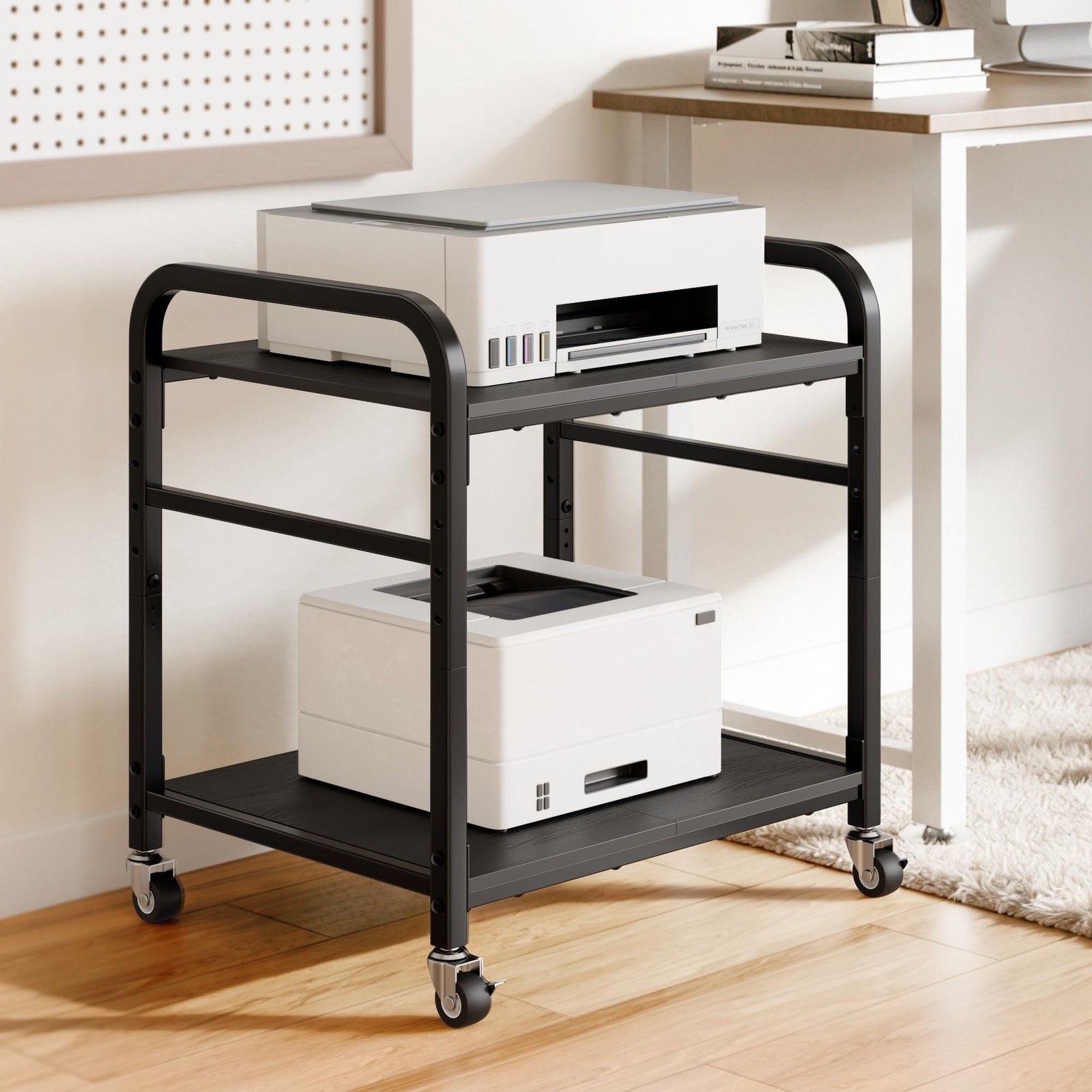 2 Tier Under Desk Printer Stand with Storage, 22" Rolling Printer Cart with L...