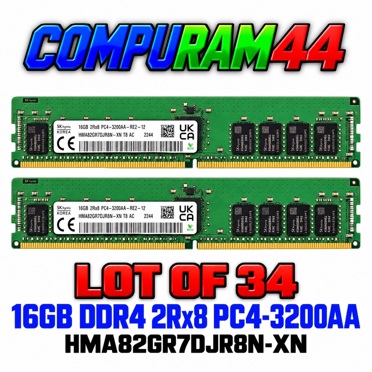 Lot 34x SK Hynix 16GB DDR4 2Rx8 Server Memory RDIMM PC4-3200AA HMA82GR7DJR8N-XN