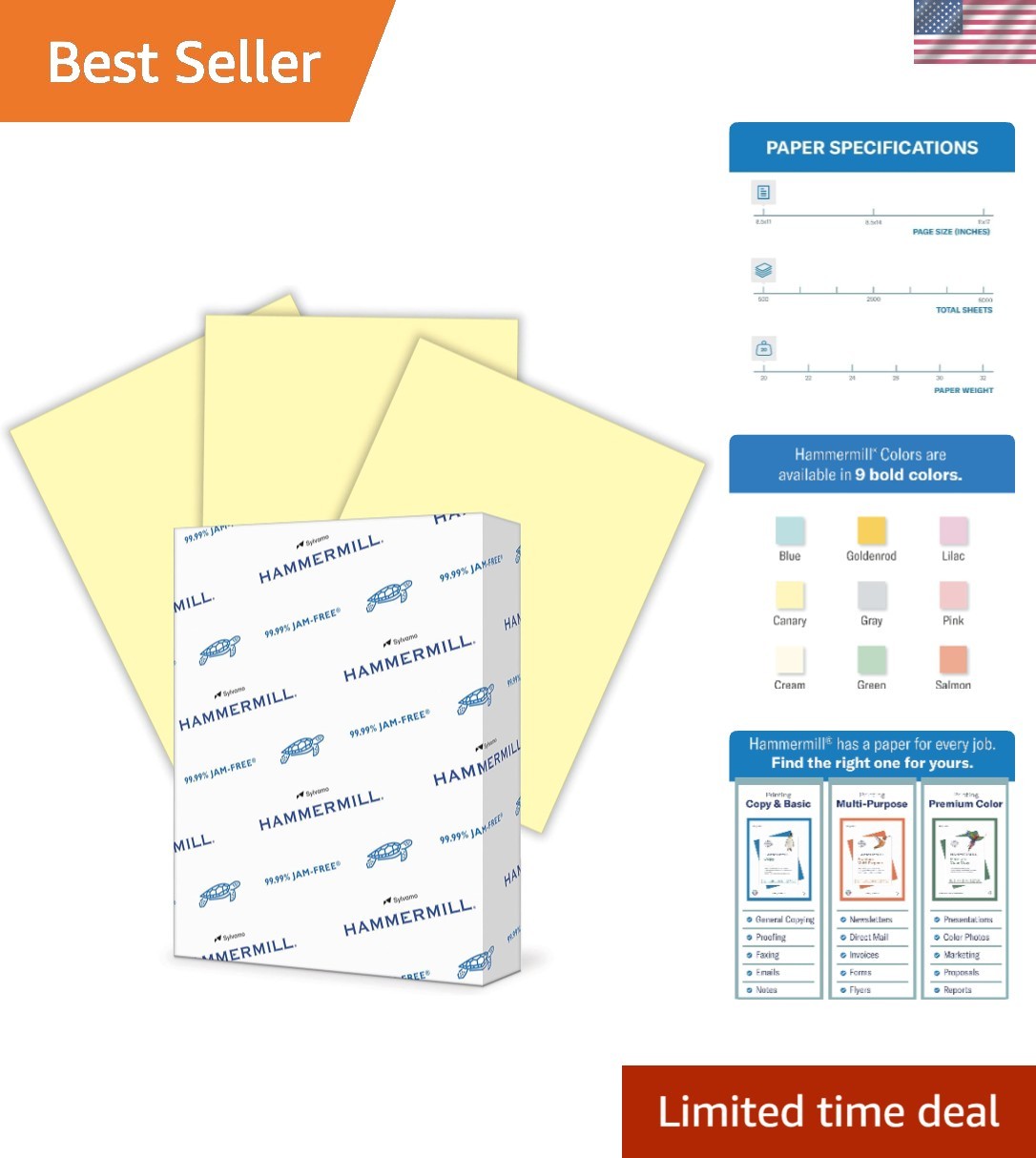 JAM-FREE 20 lb Canary Yellow Colored Paper - 500 Sheets, Sustainable & Bright