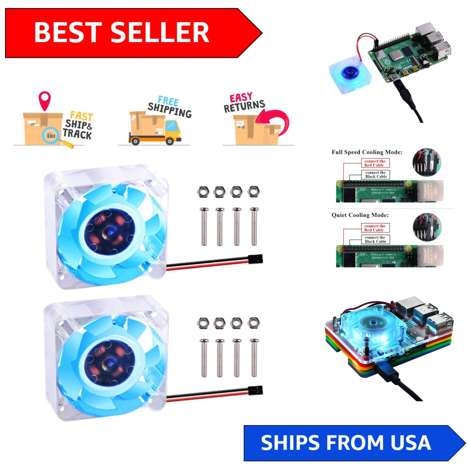 2PCS DC 5V Cooling Fans for Raspberry Pi - Blue, High Airflow, Brushless Design