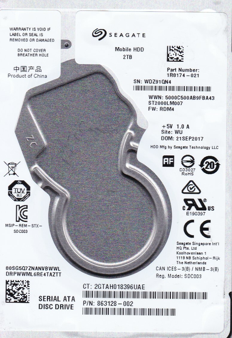  ST2000LM007 pn: 1R8174-021 fw: RDM4 sn: WDZ WU 2017 2TB SATA 2.5" SEAGATE
