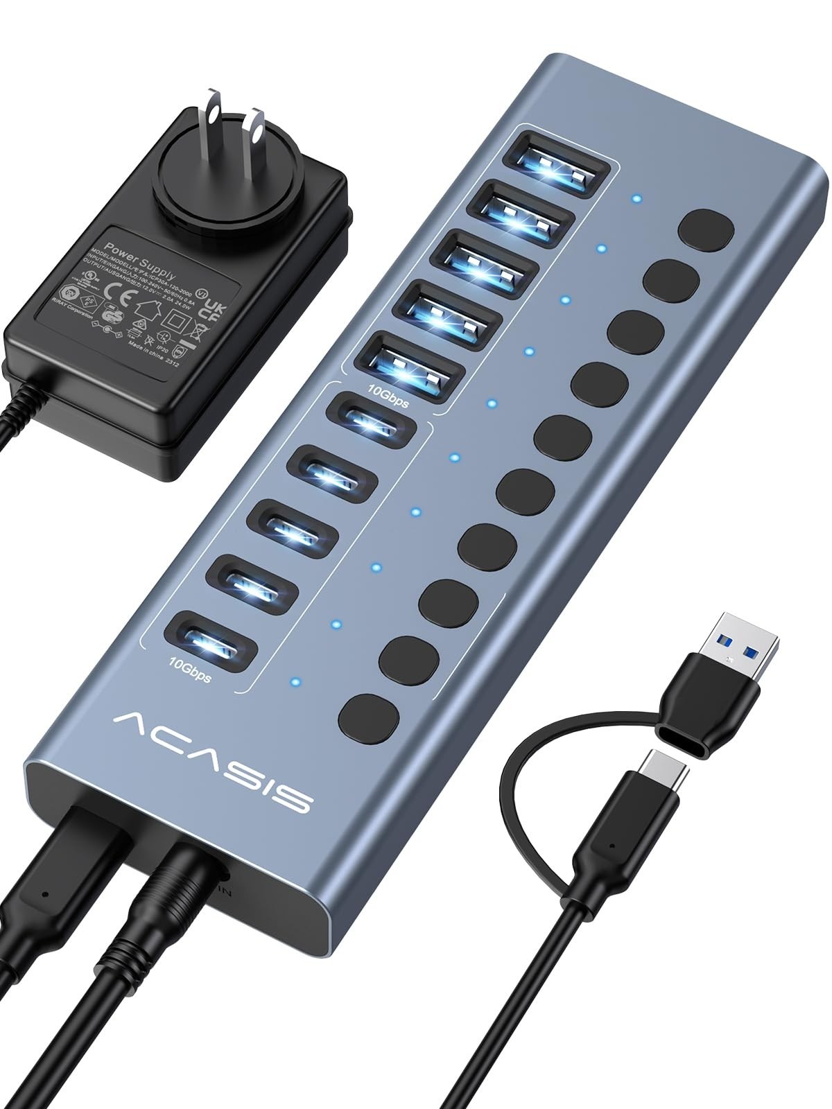 10-Port Powered USB 3.2 Hub - 5 USB-A & 5 USB-C, 10Gbps High-Speed Data Transfer