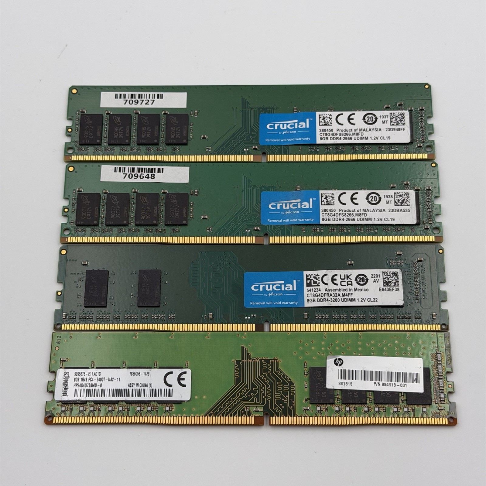 Lot of 4 Crucial/Kingston 8GB DDR4 UDIMM Desktop RAM Mixed Speeds