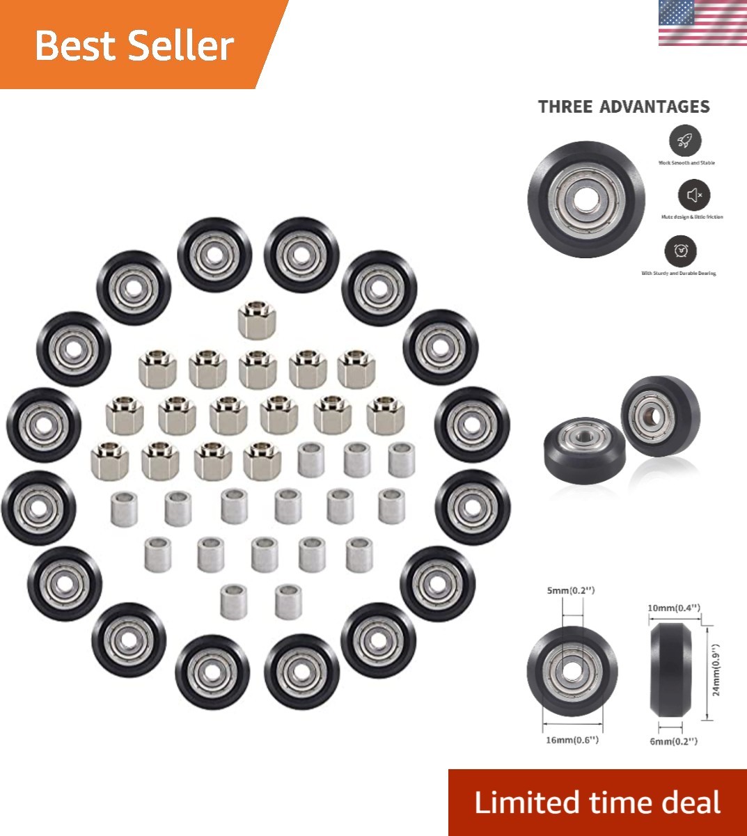 48 PCS 3D Printer POM Pulley Wheel Set with Pulley Bearing Included 16 PCS PO...
