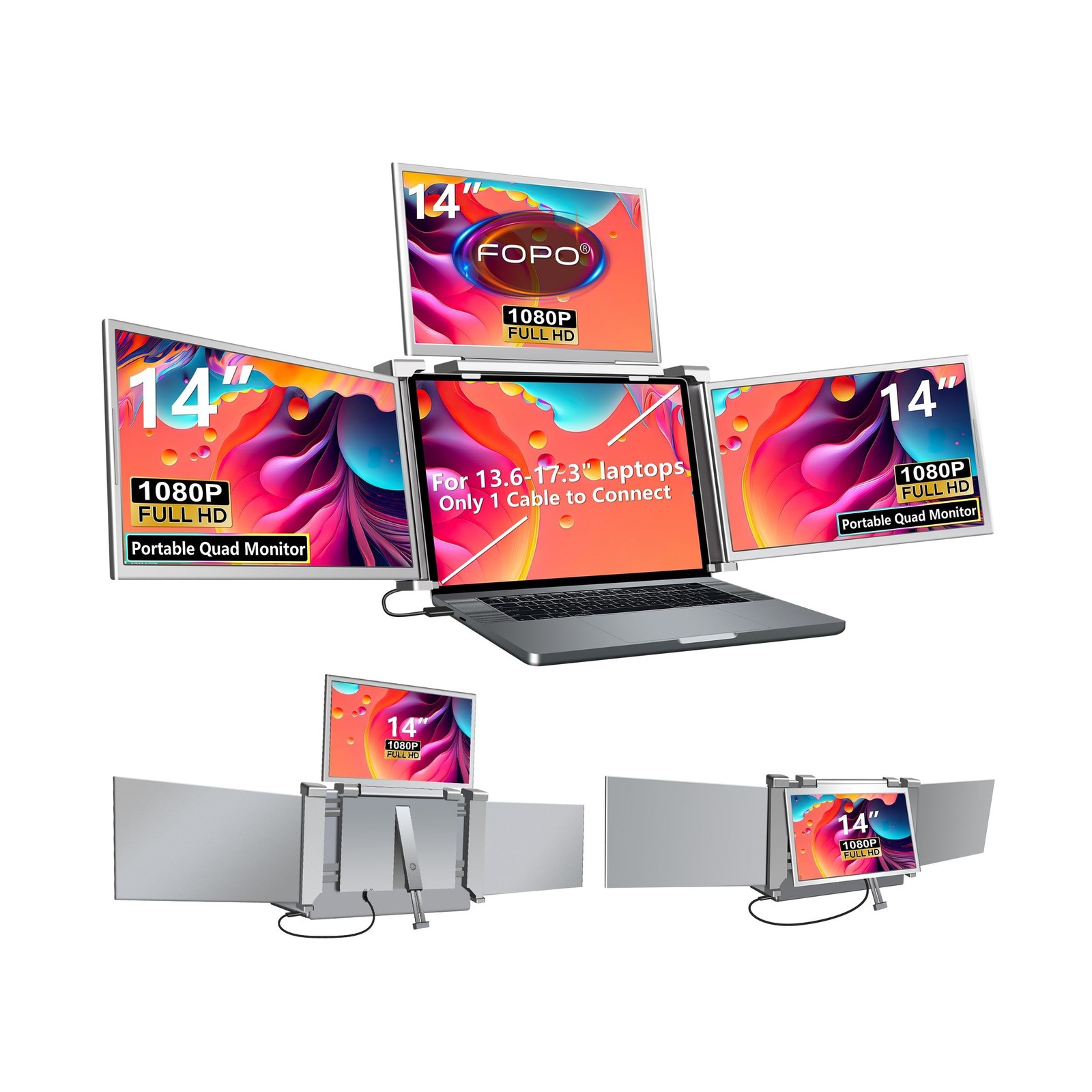 FOPO 14" Laptop Screen Extender Monitor Portable, Quad Monitor, Just 1 Cable ...