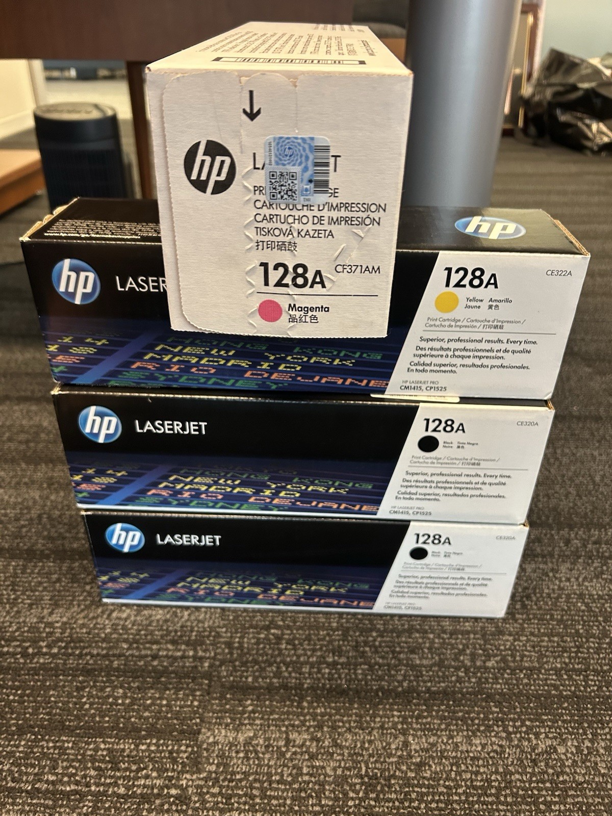 4-Pack New Sealed Genuine HP 128A Black (2) / Yellow / Magenta Toner Set OEM